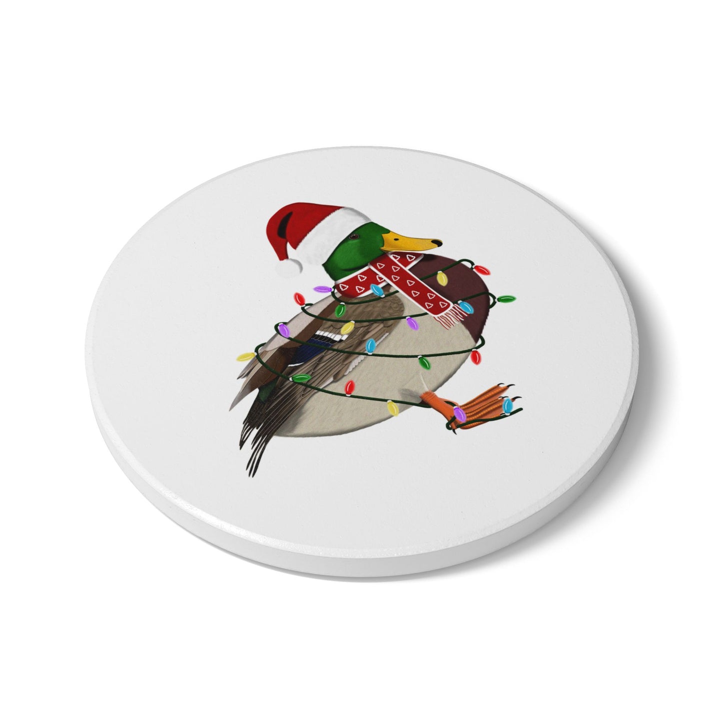 Keramik-Untersetzer Ente als Weihnachtsmann mit Lichterkette Weihnachtliches Vogel-Motiv