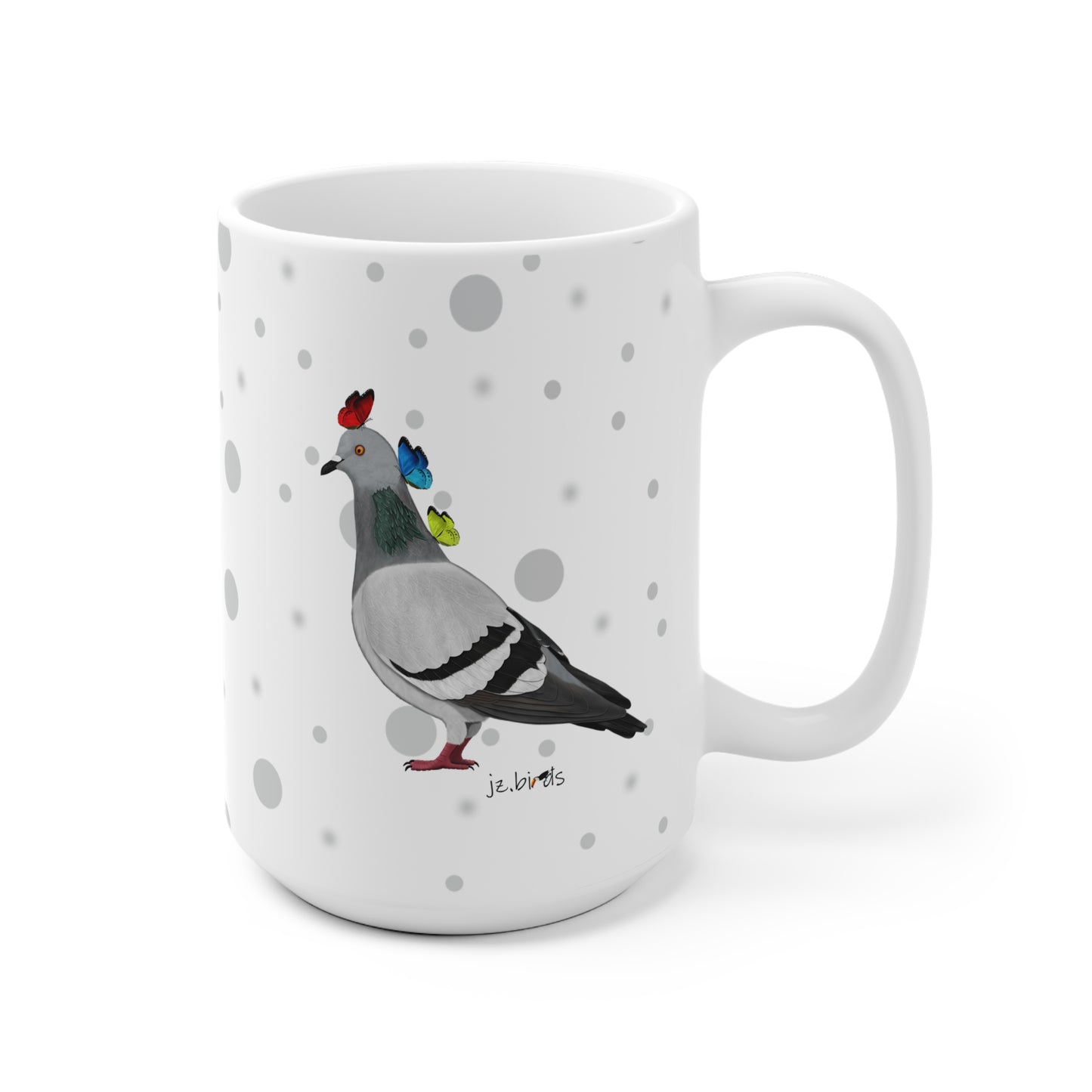 Taube mit Schmetterlingen Vogel Tasse Punkte Grau