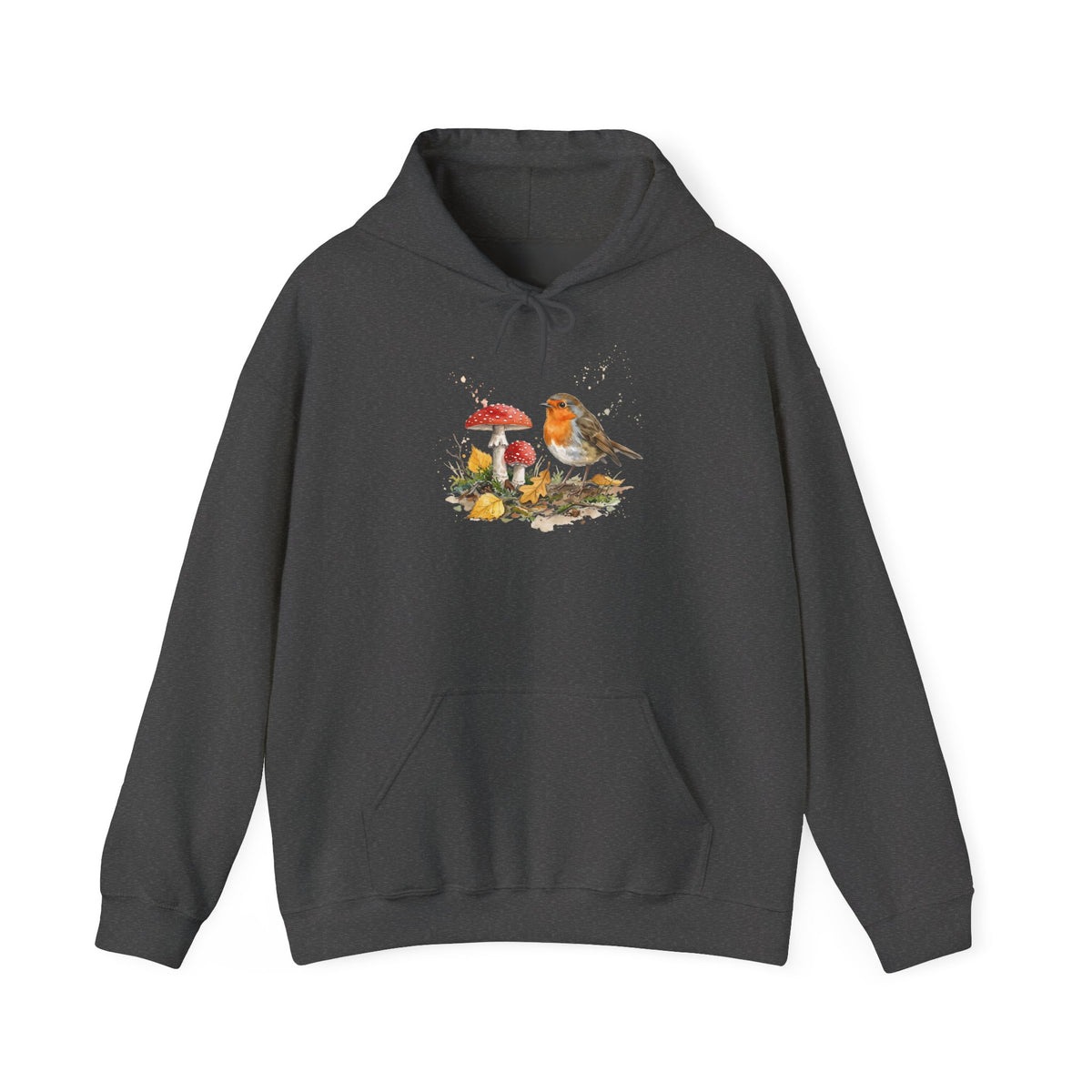 Grauer Rotkehlchen Hoodie für Damen und Herren mit gemaltem Herbstmotiv aus buntem Laub und roten Fliegenpilzen – kuscheliger Kapuzenpullover