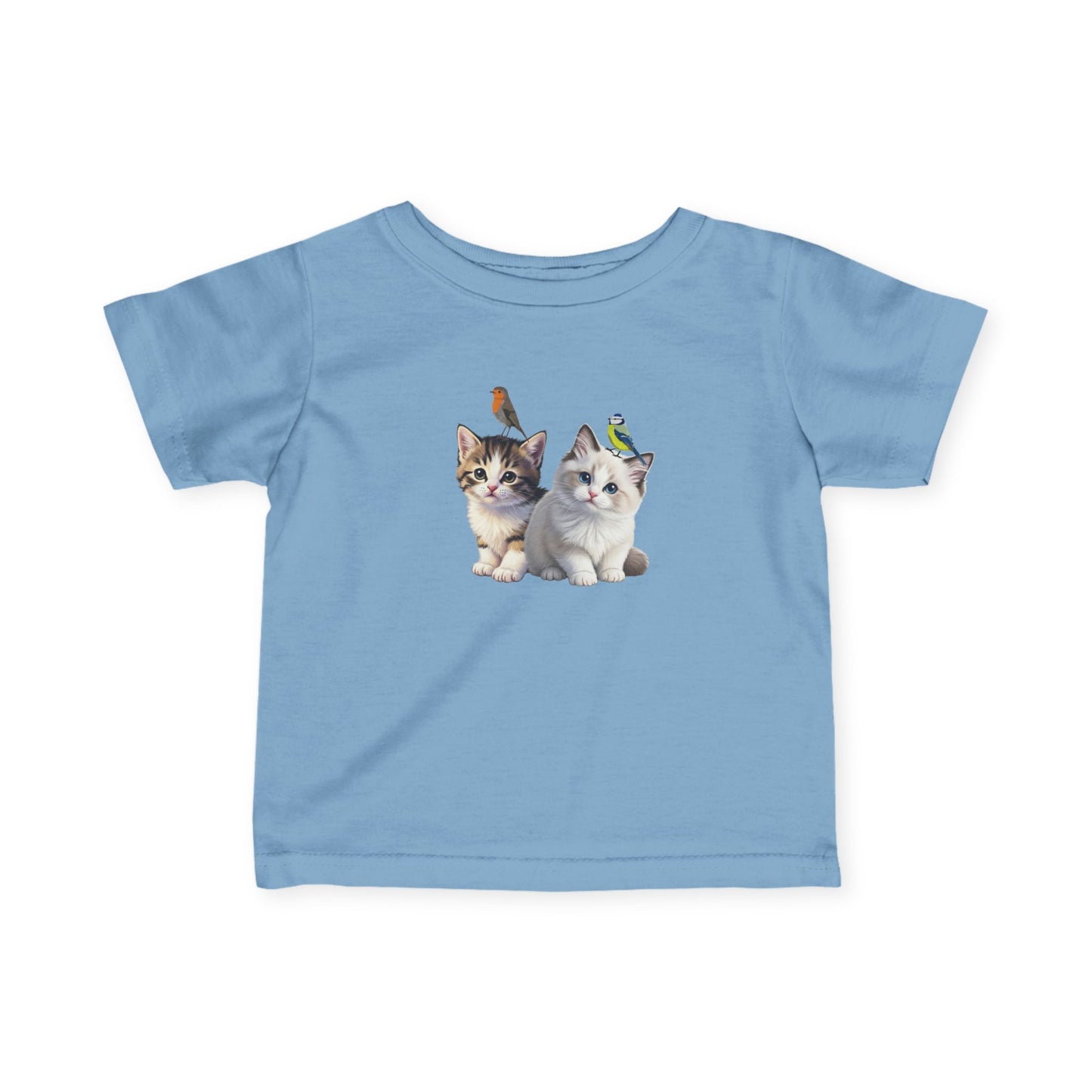 Süßes Kätzchen Tiermotiv Baby T-Shirt mit Rotkehlchen und Blaumeise