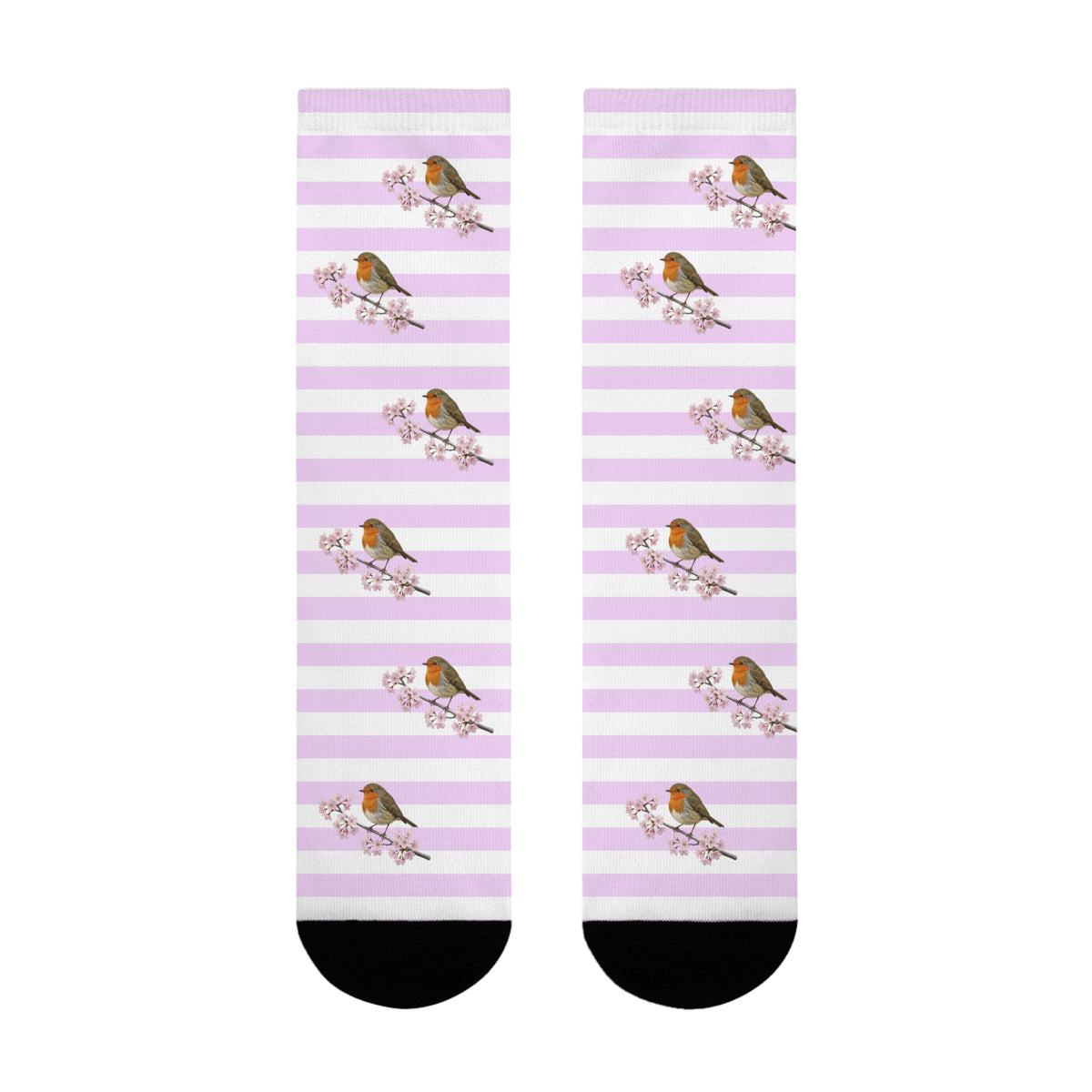 Rotkehlchen Socken mit Kirschblüten | Weiß Rosa gestreifte Vogelmotiv Strümpfe – Accessories,