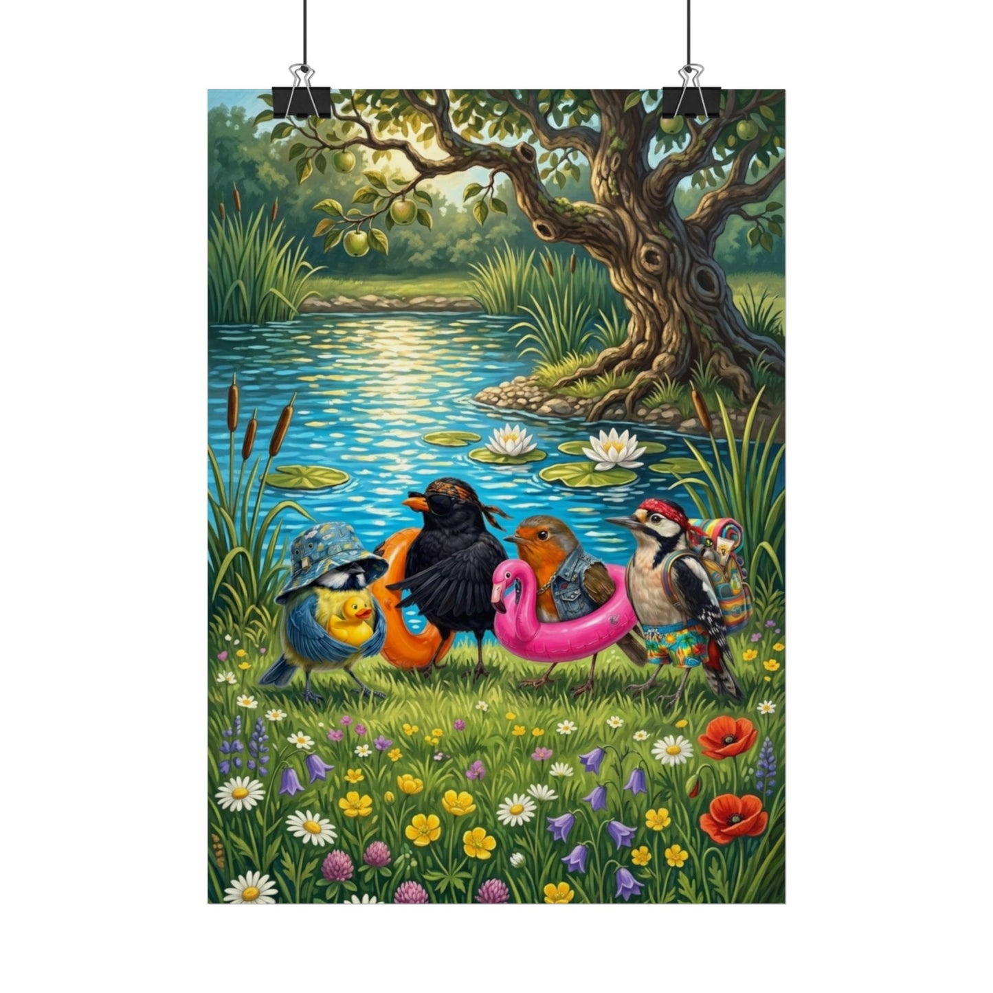 Kinderzimmer Poster "Sommer Vogel – am Teich" – Lustiges Tier Wandbild | Coole Kinder Deko Urlaub & Strand