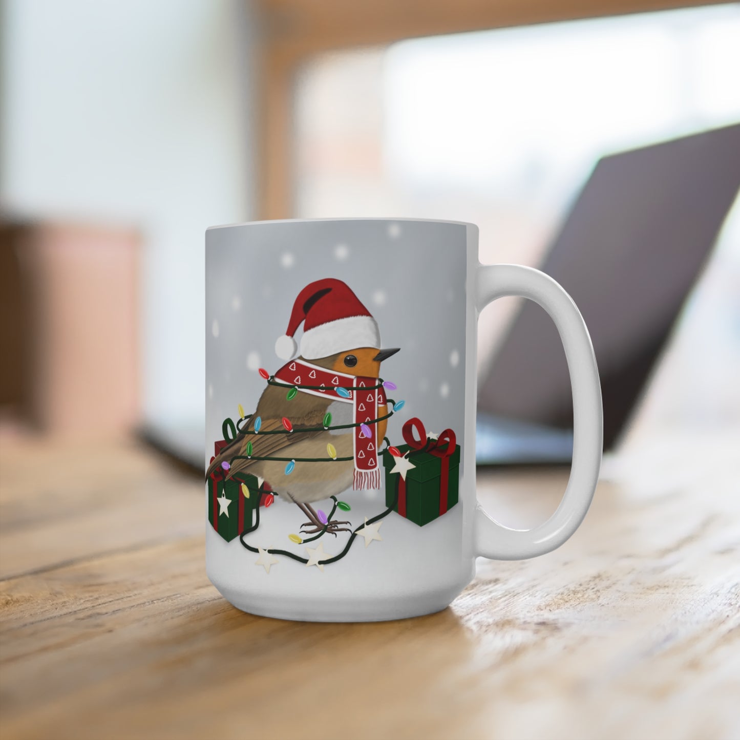 Rotkehlchen mit Lichterkette im Winter Weihnachten Schnee Vogel Tasse