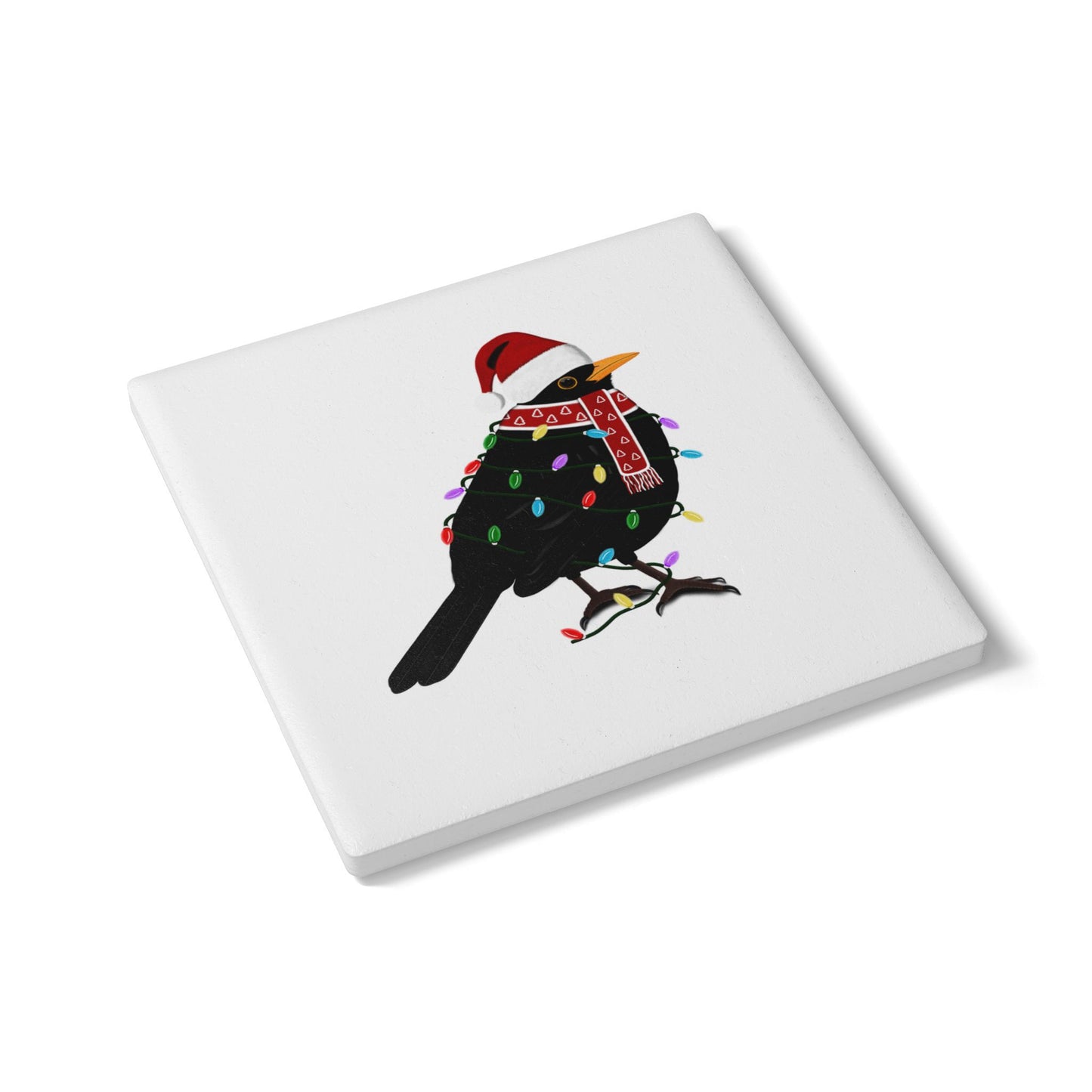 Keramik-Untersetzer Amsel als Weihnachtsmann mit Lichterkette Weihnachtliches Vogel-Motiv