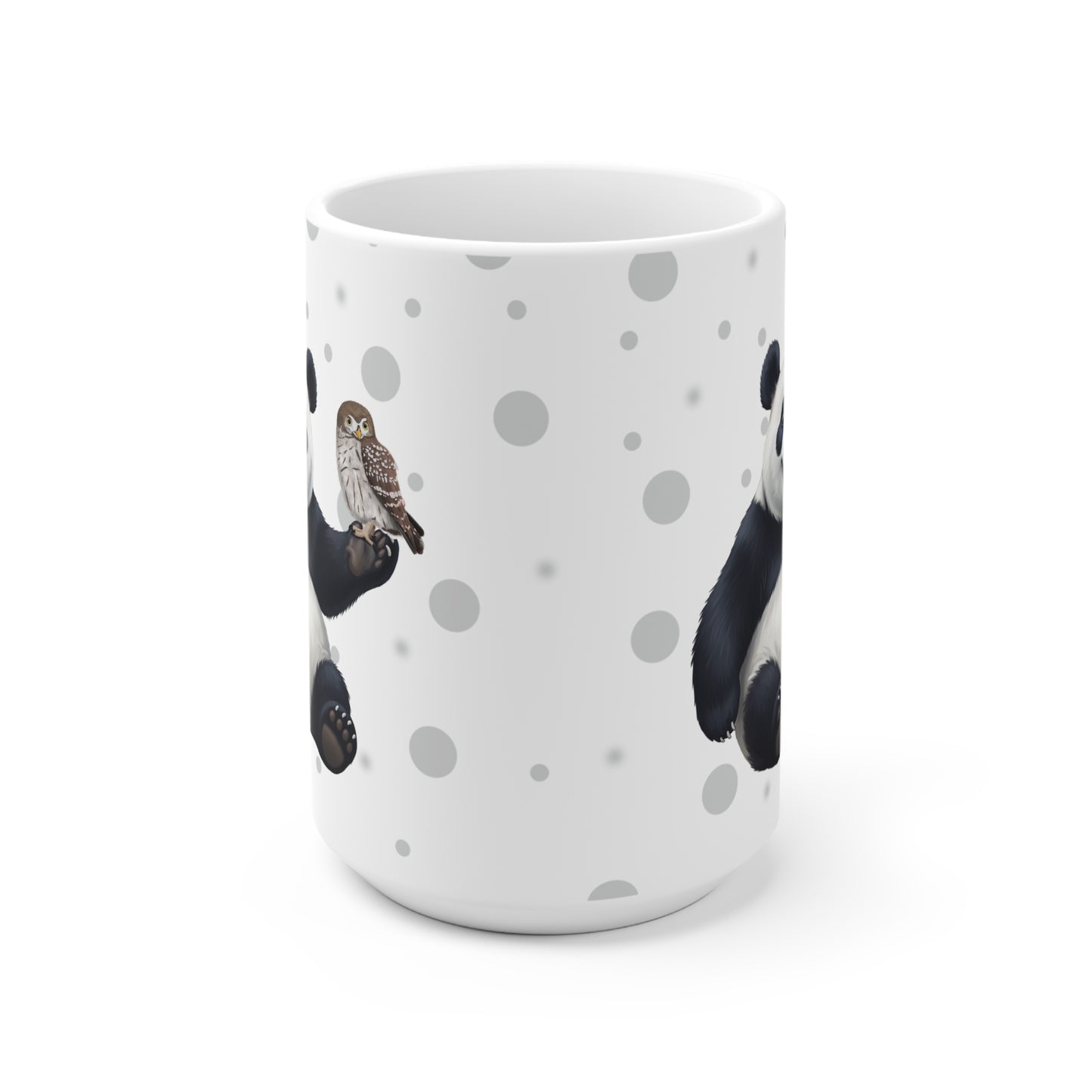 Eule mit einem fröhlichen Panda Vogel Tiermotiv Tasse Punkte Grau