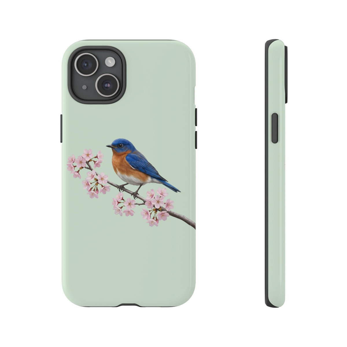 Rotkehl-Hüttensänger Handyhülle in Salbeigrün | Florales Kirschblüten Vogel-Motiv für iPhone & Google Pixel