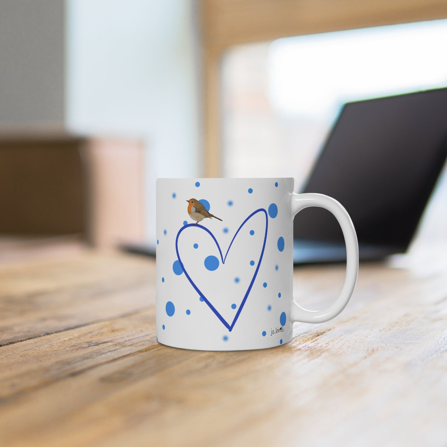 Rotkehlchen mit Herz Valentinstag Vogel Tasse Punkte Blau