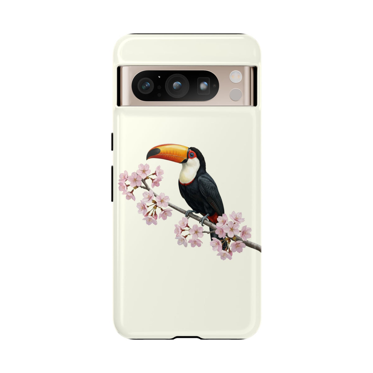 Tukan Handyhülle in Cremeweiß | Florales Kirschblüten Vogel-Motiv für iPhone & Google Pixel