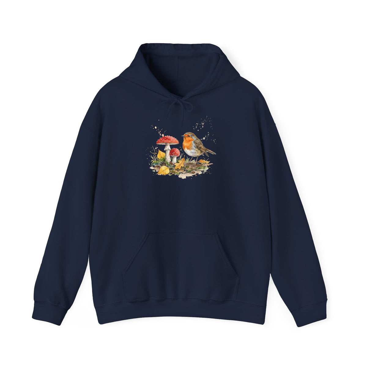 Rotkehlchen Herbst-Hoodie – Kuscheliger Kapuzenpullover mit Laub & Fliegenpilzen