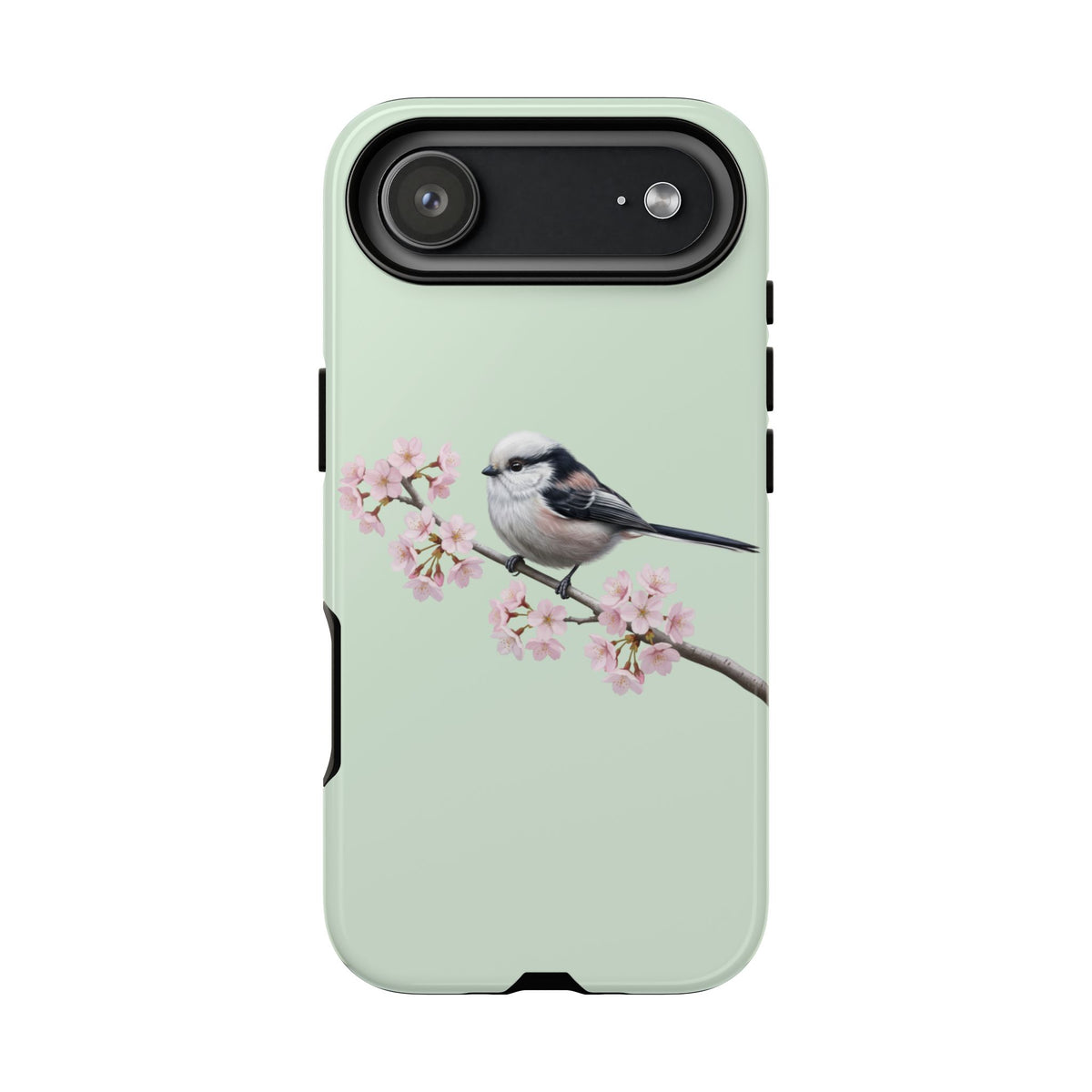 Schwanzmeise Handyhülle in Salbeigrün | Florales Kirschblüten Vogel-Motiv für iPhone & Google Pixel