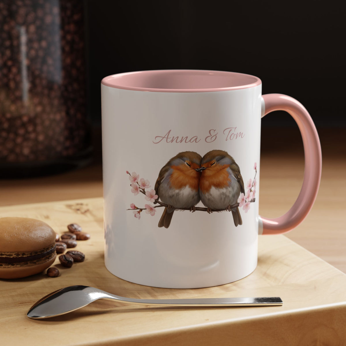 Rotkehlchen in Kirschblüten Personalisierte Tasse - Romantisches Geschenk für Vogelfreunde – accent mug,