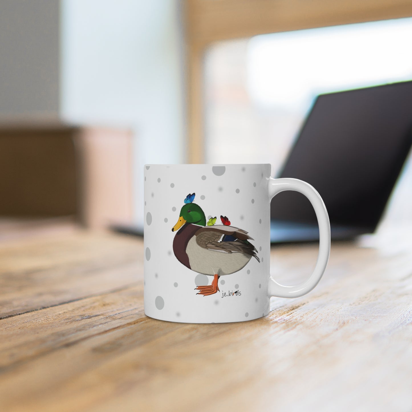 Ente mit Schmetterlingen Vogel Tasse Punkte Grau