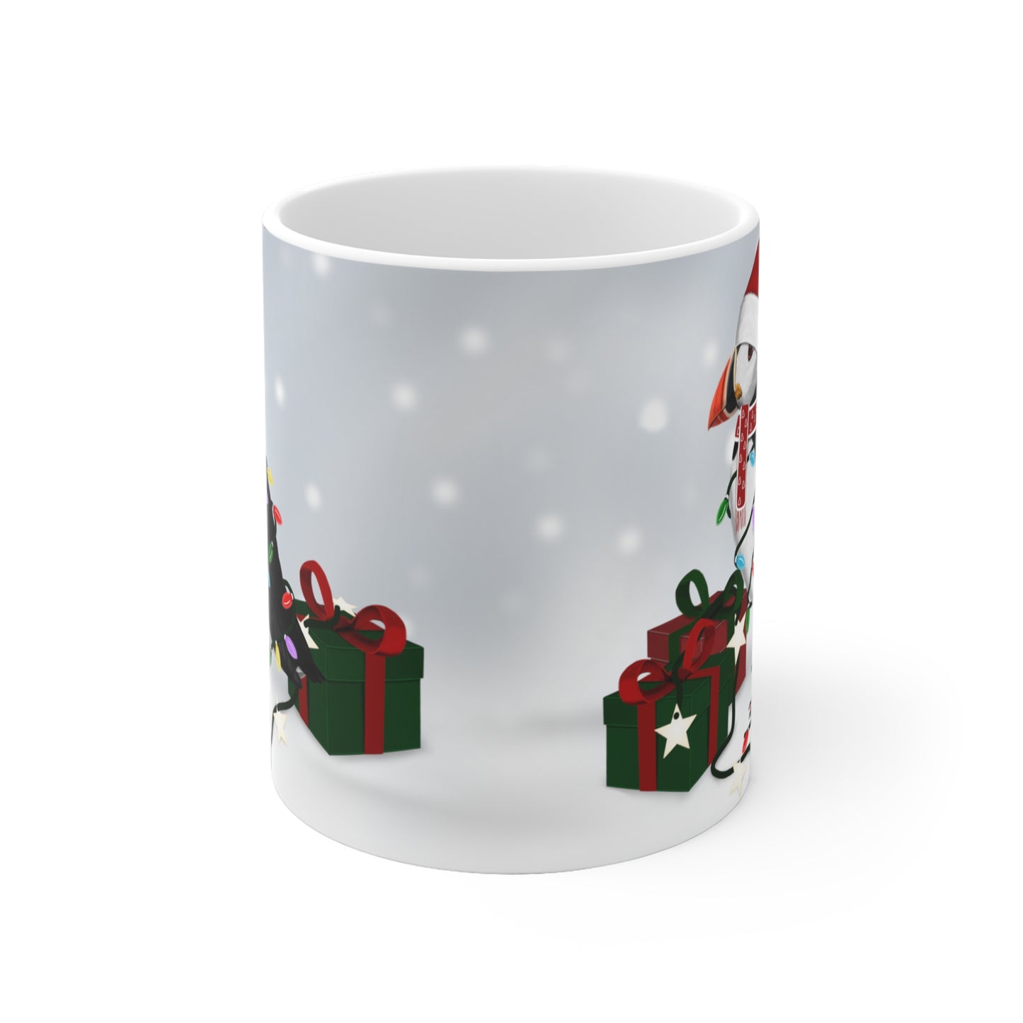 Papageitaucher Tasse – mit Lichterkette im Winter Weihnachten Schnee Vogel