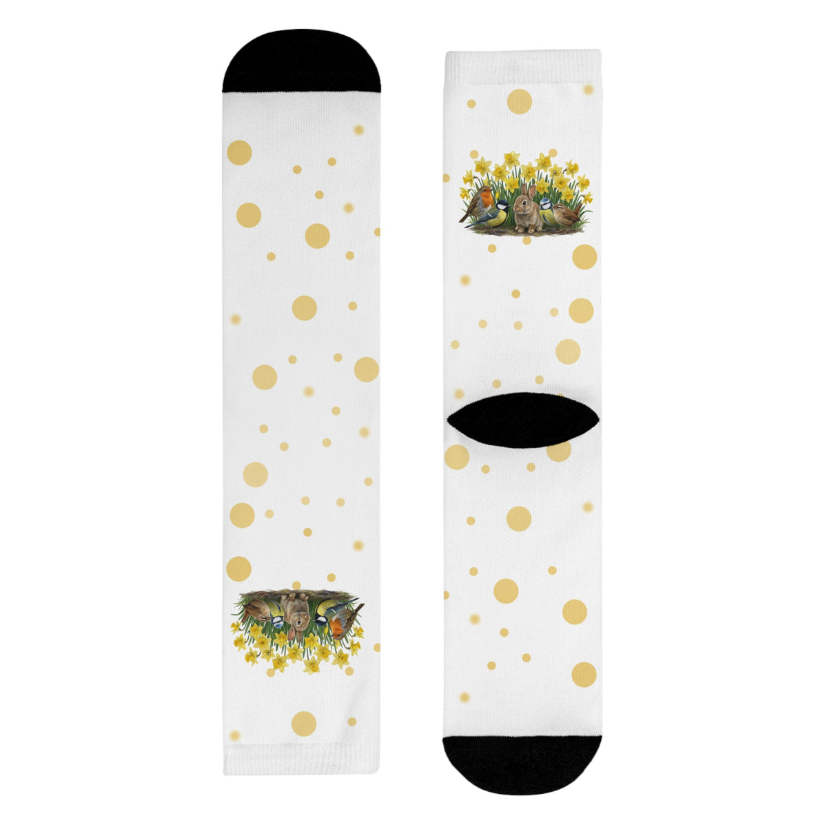 Rotkehlchen, Zaunkönig und Meise Socken – Vogel-Socken mit Osterglocken – Kaninchen, Meisen &