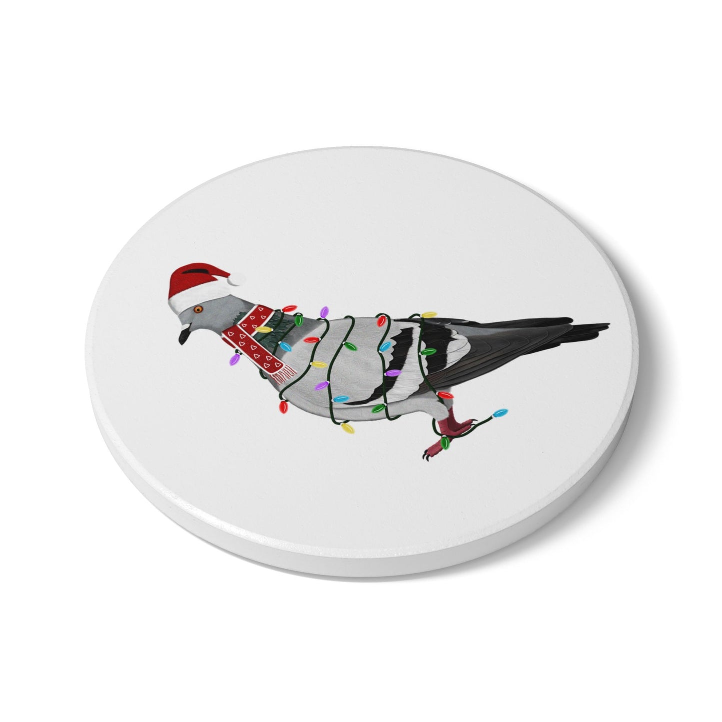 Keramik-Untersetzer Taube als Weihnachtsmann mit Lichterkette Weihnachtliches Vogel-Motiv
