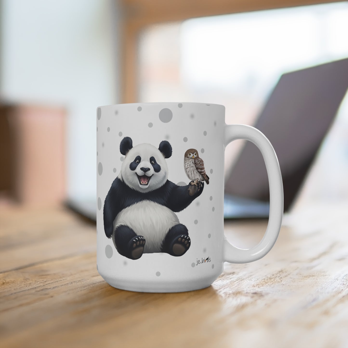 Eule mit einem fröhlichen Panda Vogel Tiermotiv Tasse Punkte Grau