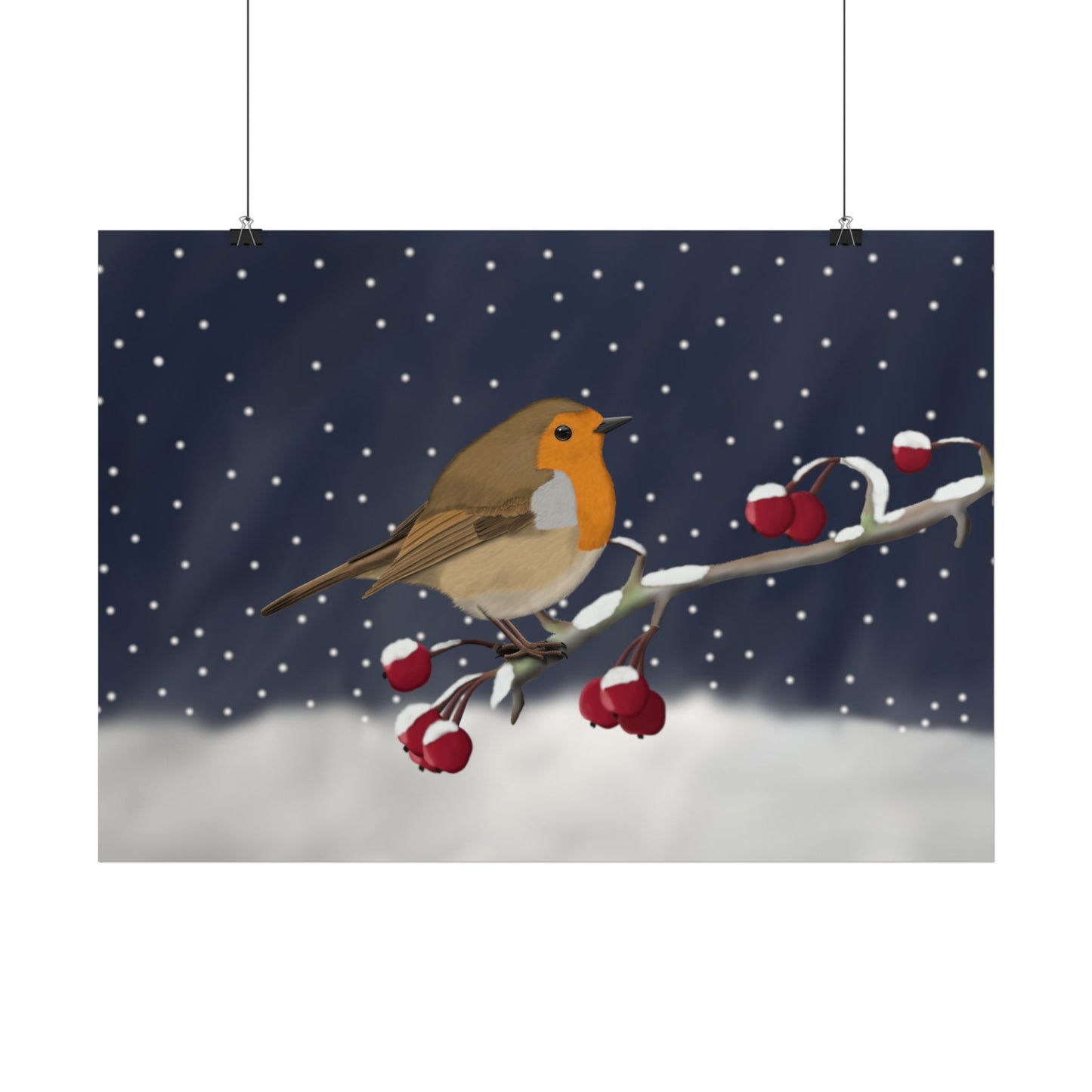 Rotkehlchen auf einem Ast im Schnee Vogel Poster