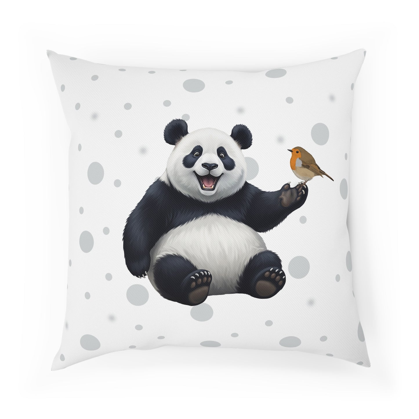 Rotkehlchen mit Panda Vogel Tiermotiv Kissen – Dekokissen mit Vogelmotiv Weiß mit grauen Punkten