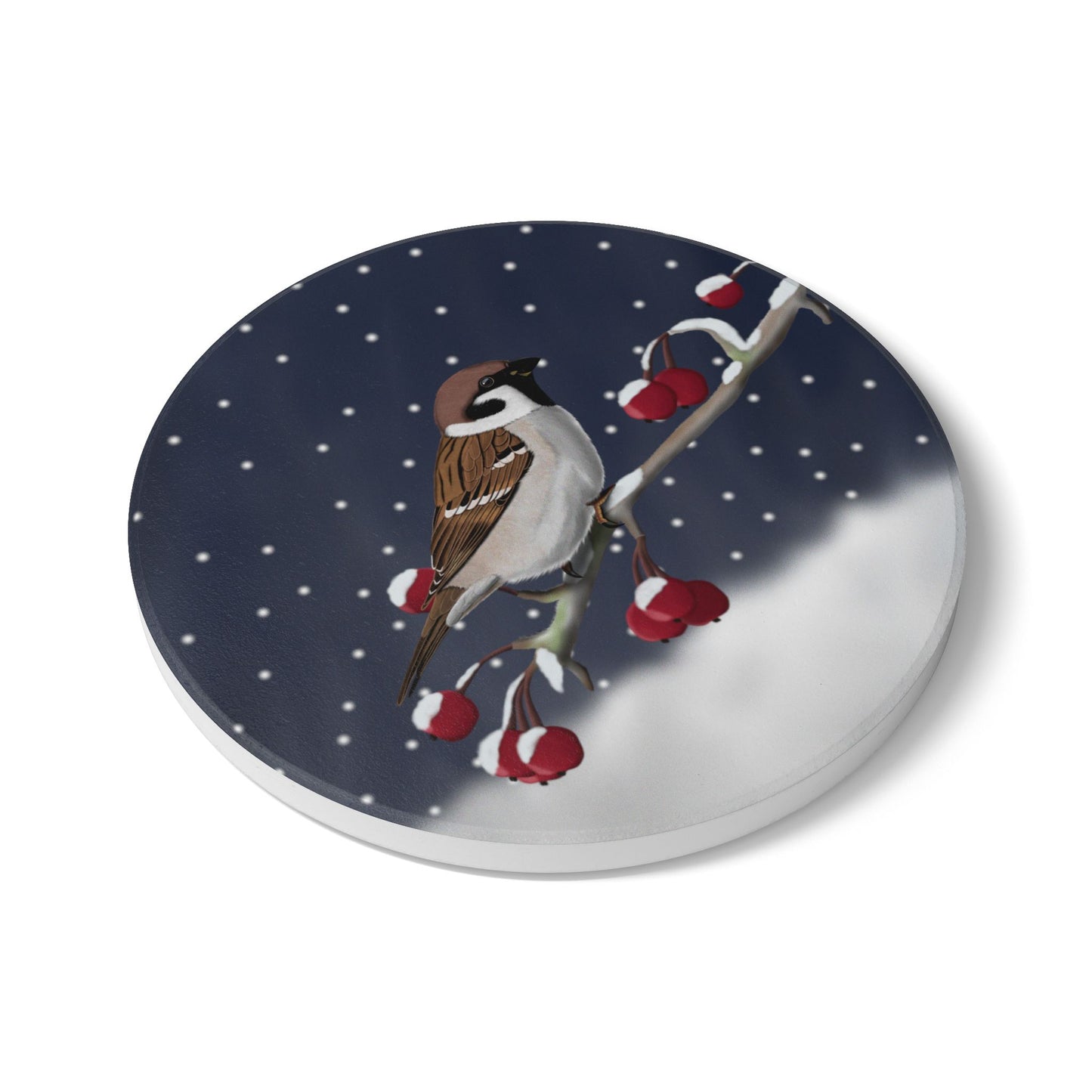 Feldsperling im Schnee Keramik-Untersetzer: Weihnachtliches Vogel-Motiv