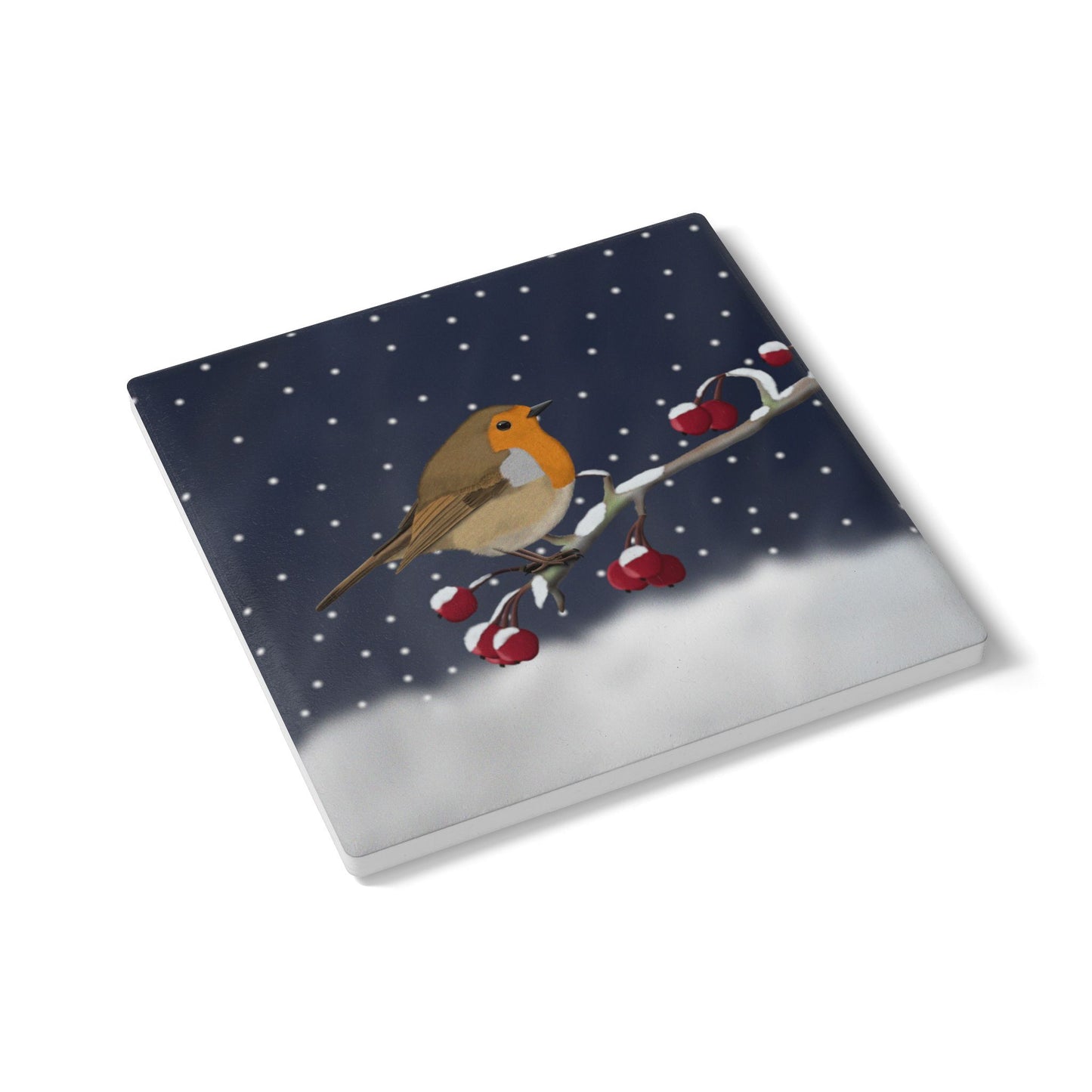 Rotkehlchen im Schnee Keramik-Untersetzer: Weihnachtliches Vogel-Motiv