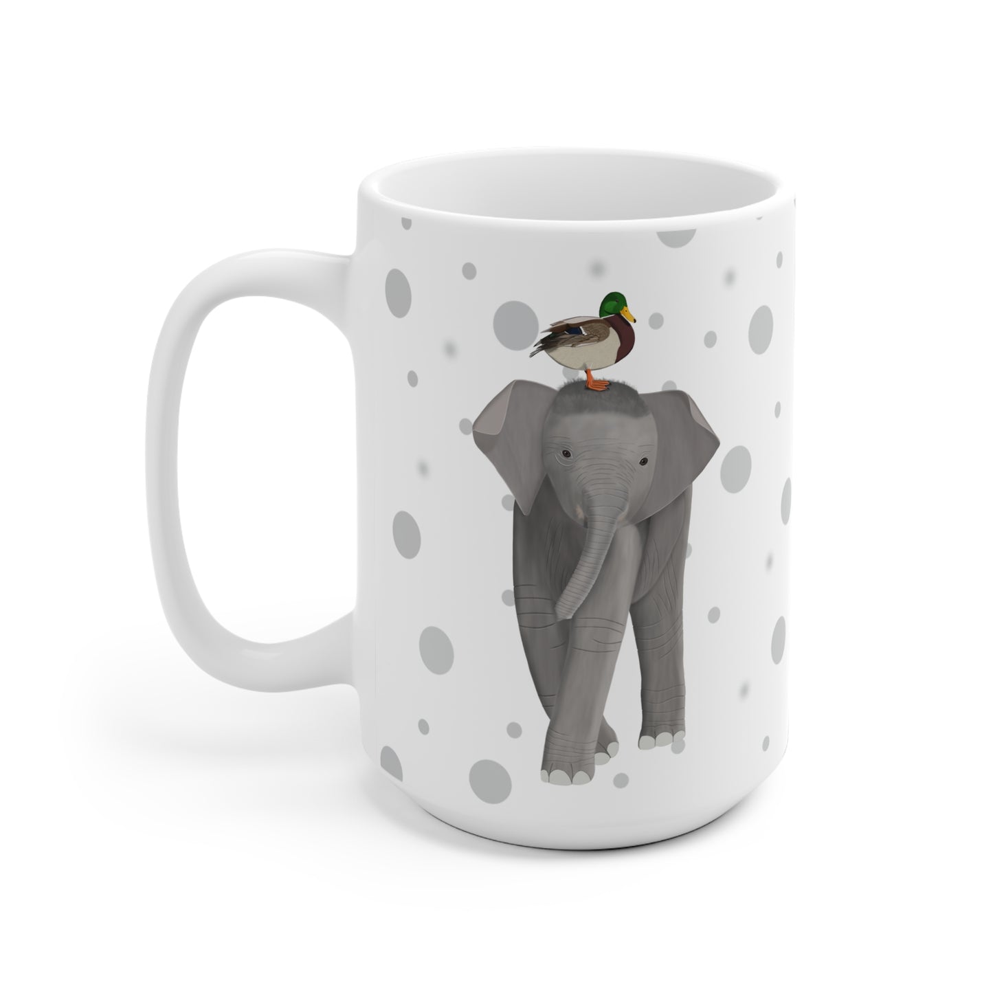 Ente auf einem Elefanten Vogel Tasse Punkte Grau