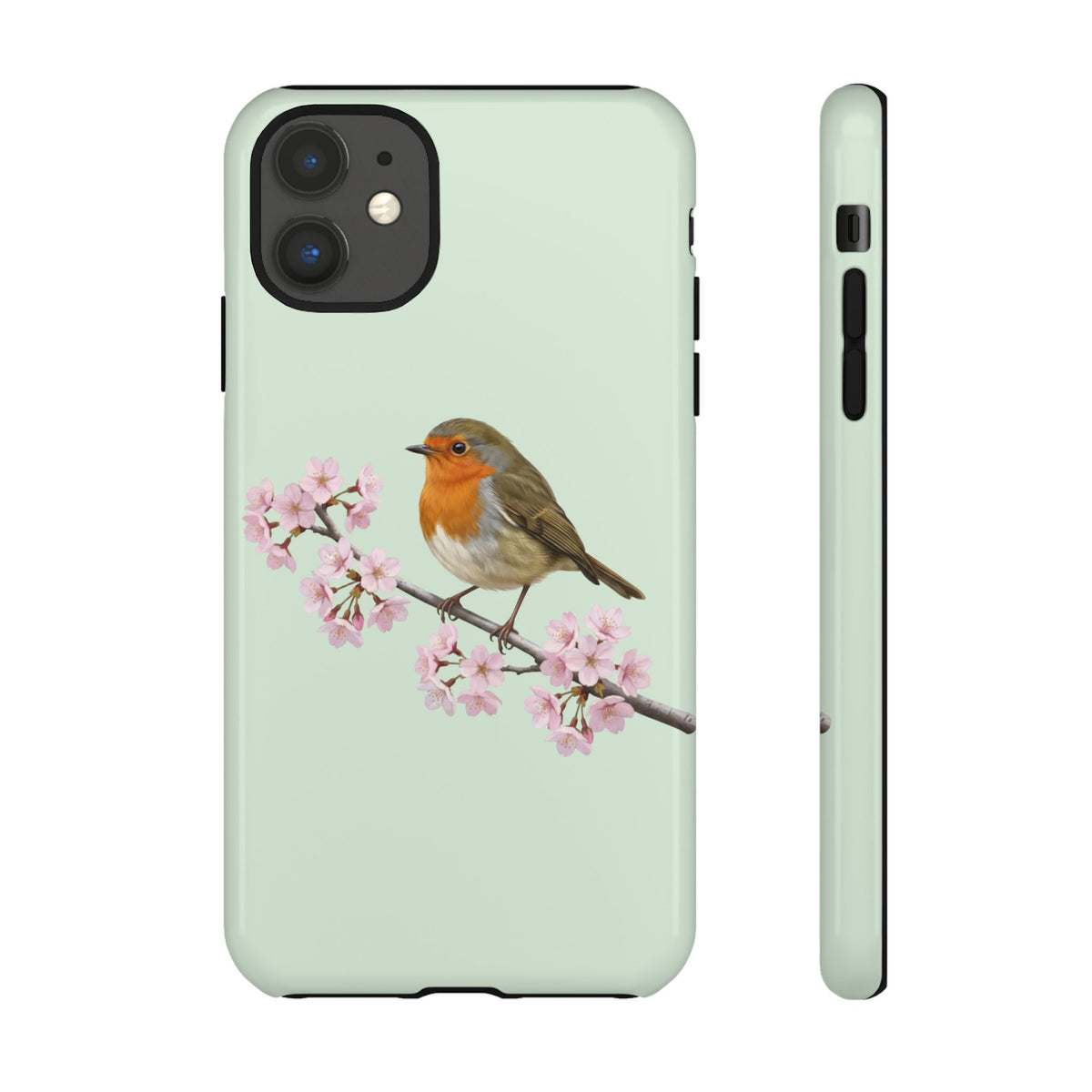 Rotkehlchen Handyhülle – in Salbeigrün | Florales Kirschblüten Vogel-Motiv für iPhone & Google Pixel