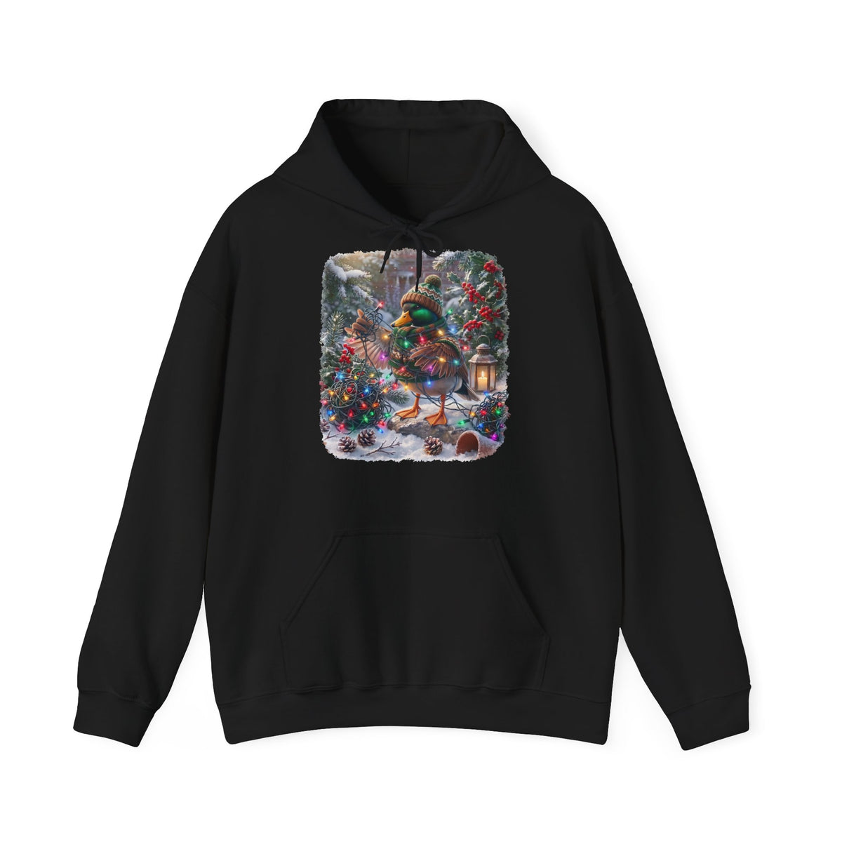 Premium Hoodie Ente und die Lichterkette im winterlichen Garten für Vogelbeobachter
