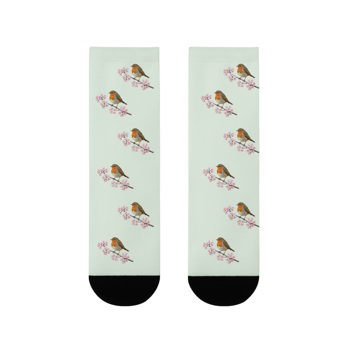 Rotkehlchen & Kirschblüten Socken in Salbeigrün | Weiche Baumwollmix-Socken für Naturfreunde