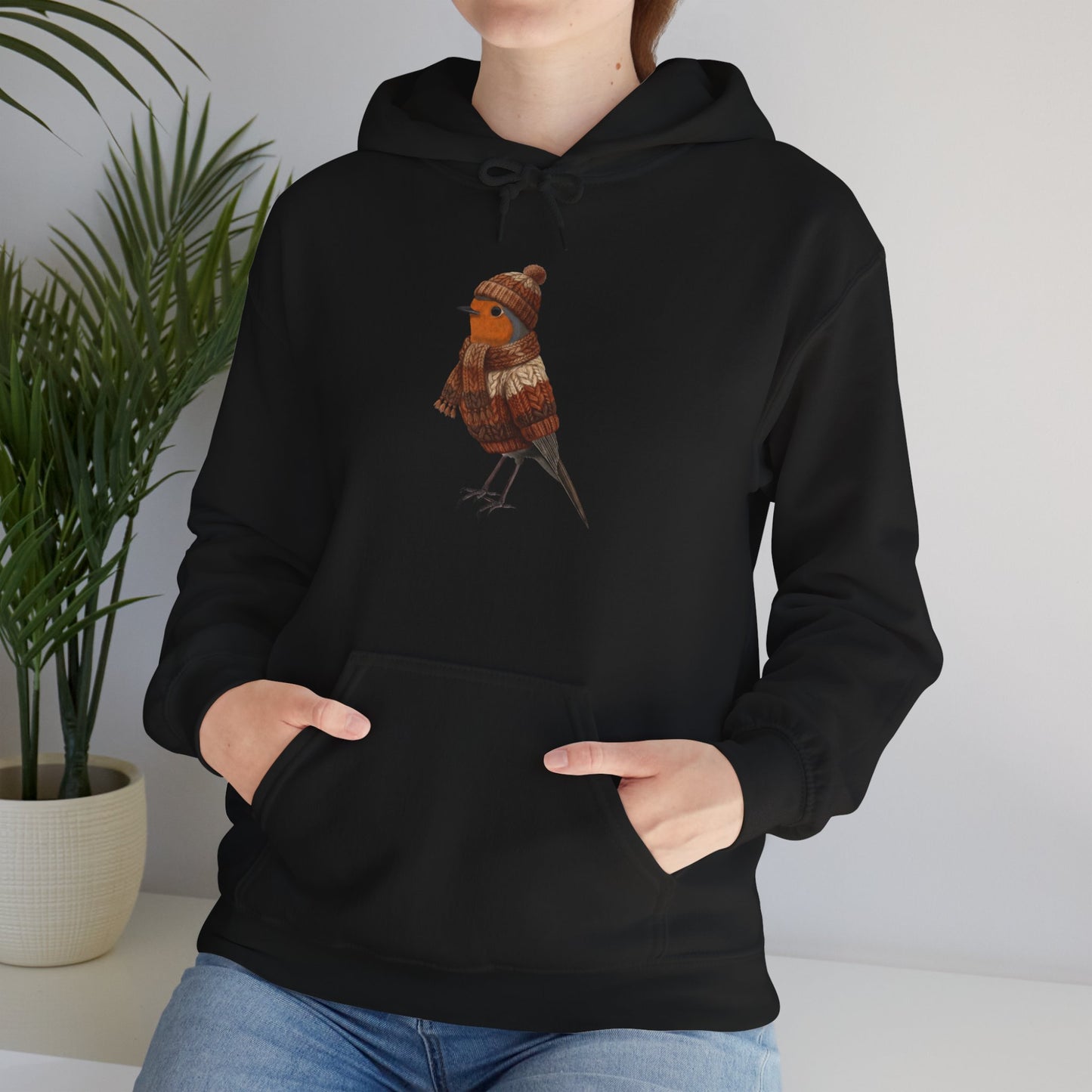 Rotkehlchen mit Strickpullover Hoodie - Vogel Kapuzenpullover für Vogelbeobachter & Naturliebhaber mit Vogelmotiv