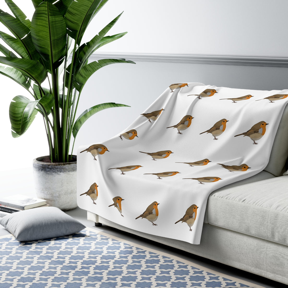 Rotkehlchen Decke – Vogel Fleece Sherpa (150x200 cm) – Extra Dick, Kuschelweich & Gemütlich