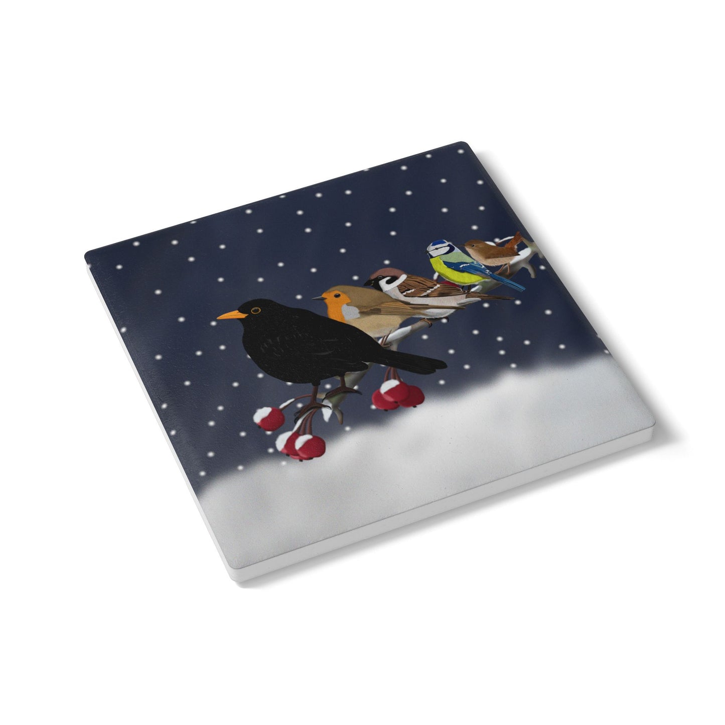 Amsel Rotkehlchen Blaumeise Keramik-Untersetzer: Weihnachtliches Vogel-Motiv
