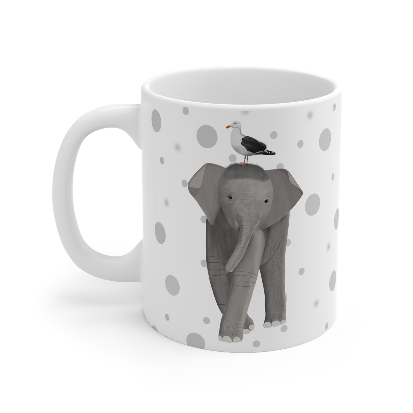 Möwe auf einem Elefanten Vogel Tasse Punkte Grau