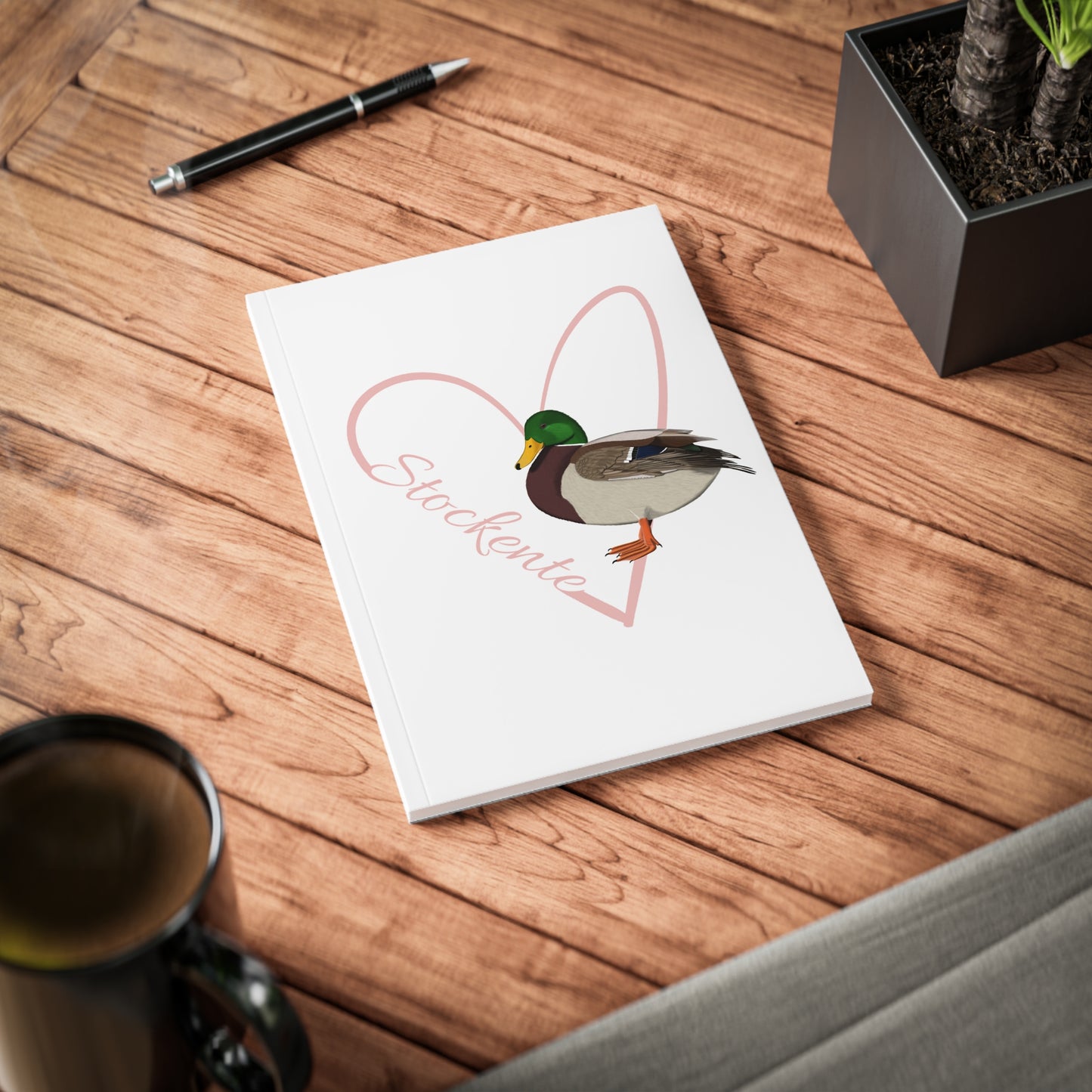 Stockente Notizbuch Vogel mit Herz A5 Softcover 150 Seiten Liniert Weiß
