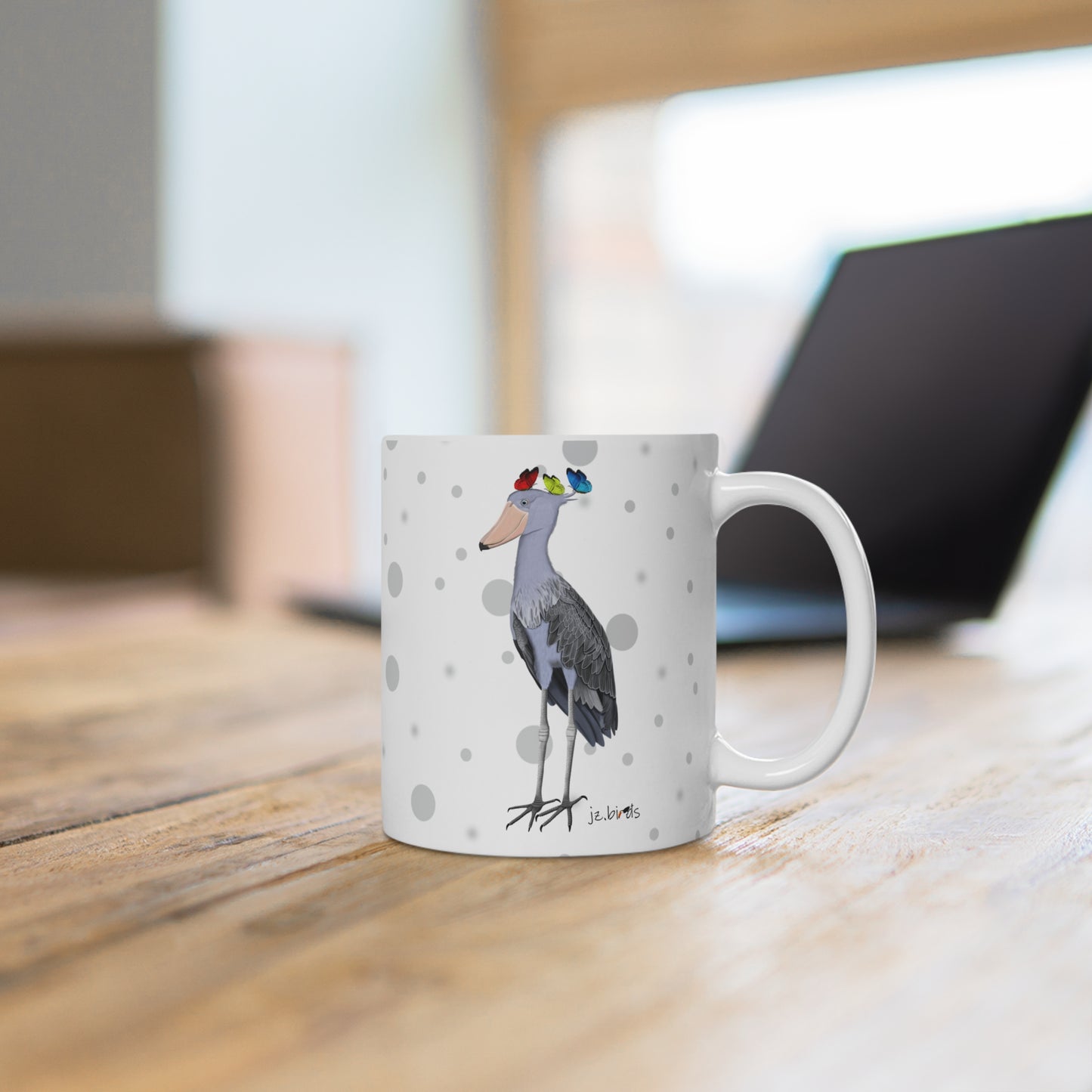 Schuhschnabel mit Schmetterlingen Vogel Tasse Punkte Grau