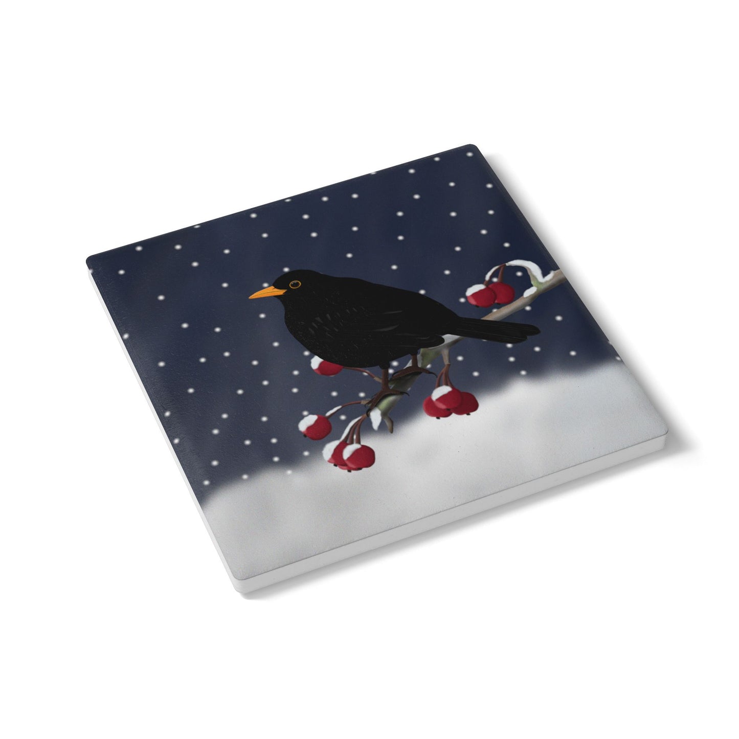 Amsel im Schnee Keramik-Untersetzer: Weihnachtliches Vogel-Motiv