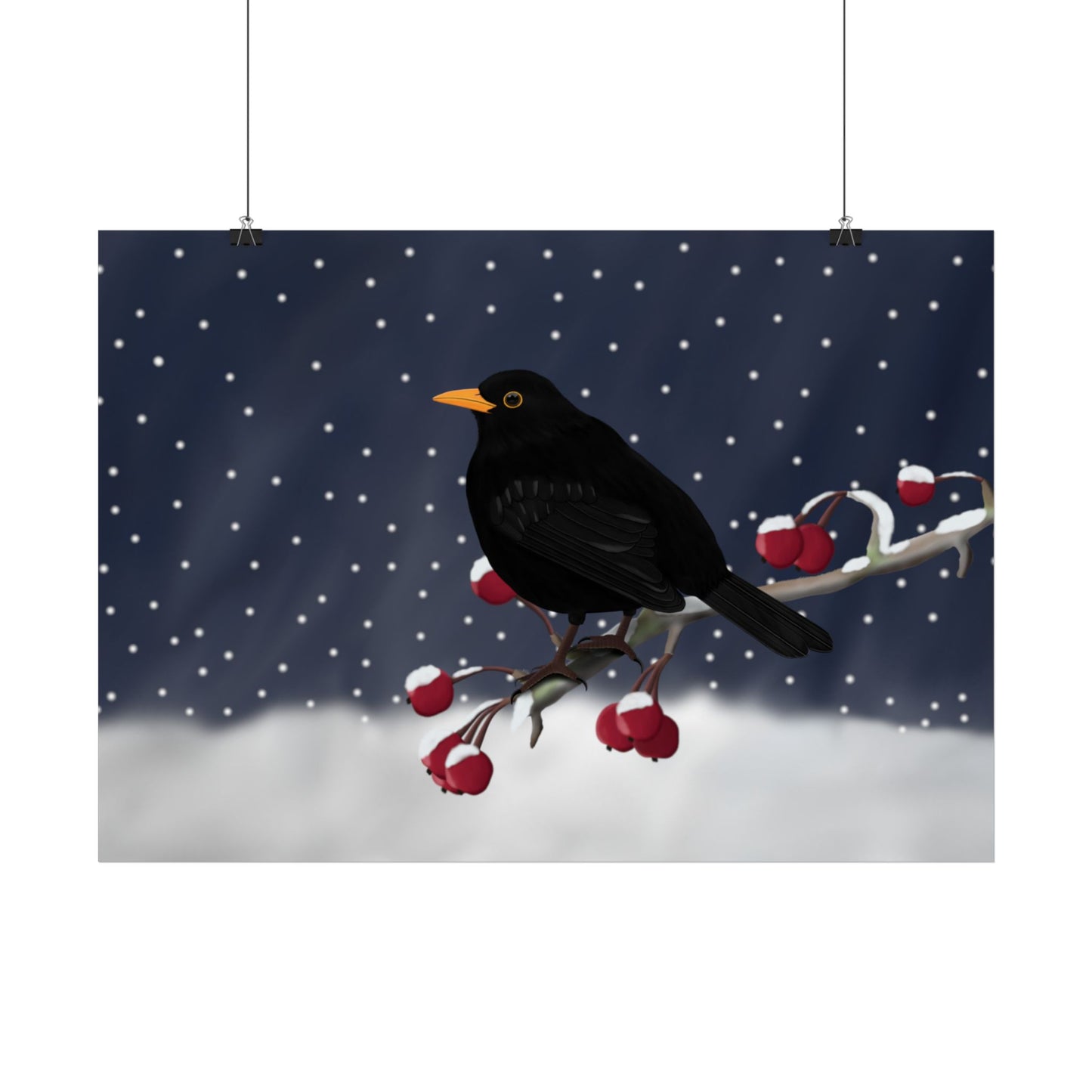 Amsel auf einem Ast im Schnee Vogel Poster – Glossy,