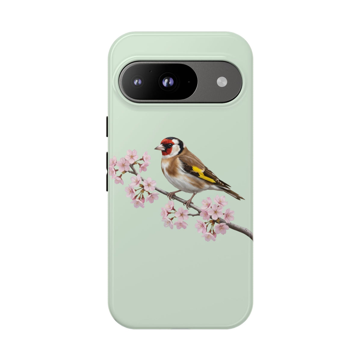 Stieglitz Handyhülle in Salbeigrün | Florales Kirschblüten Vogel-Motiv für iPhone & Google Pixel