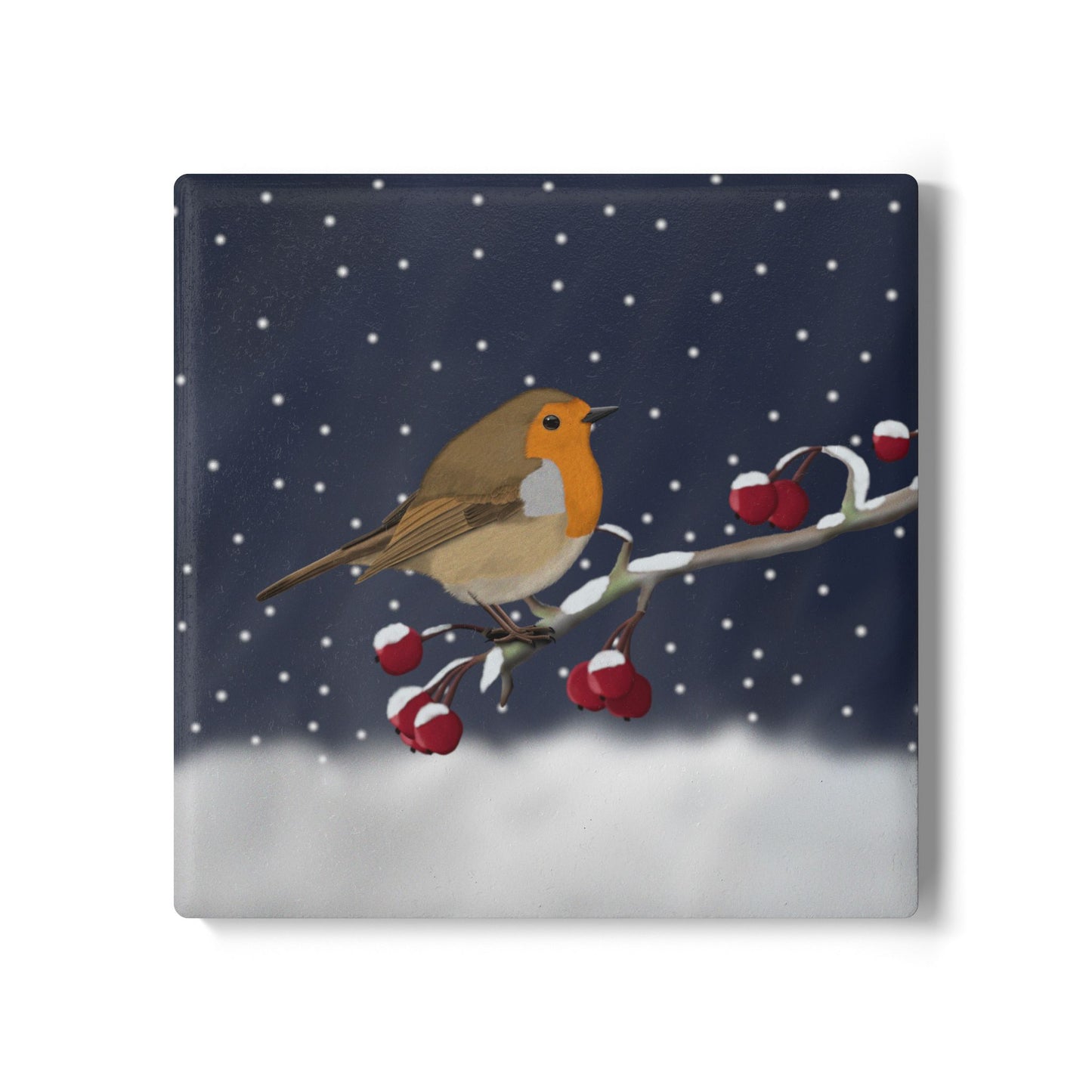 Rotkehlchen im Schnee Keramik-Untersetzer: Weihnachtliches Vogel-Motiv