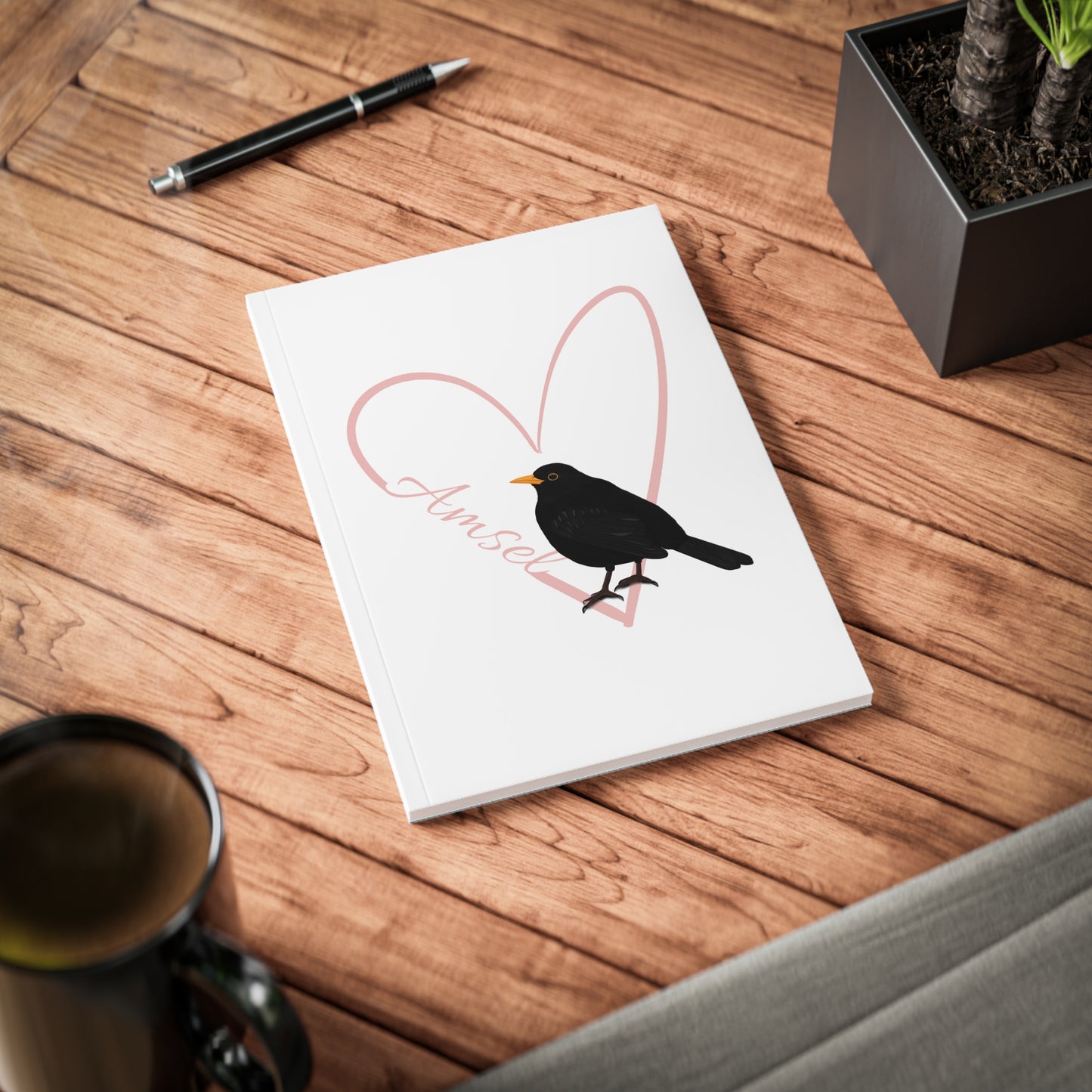 Amsel Notizbuch Vogel mit Herz A5 Softcover 150 Seiten Liniert Weiß