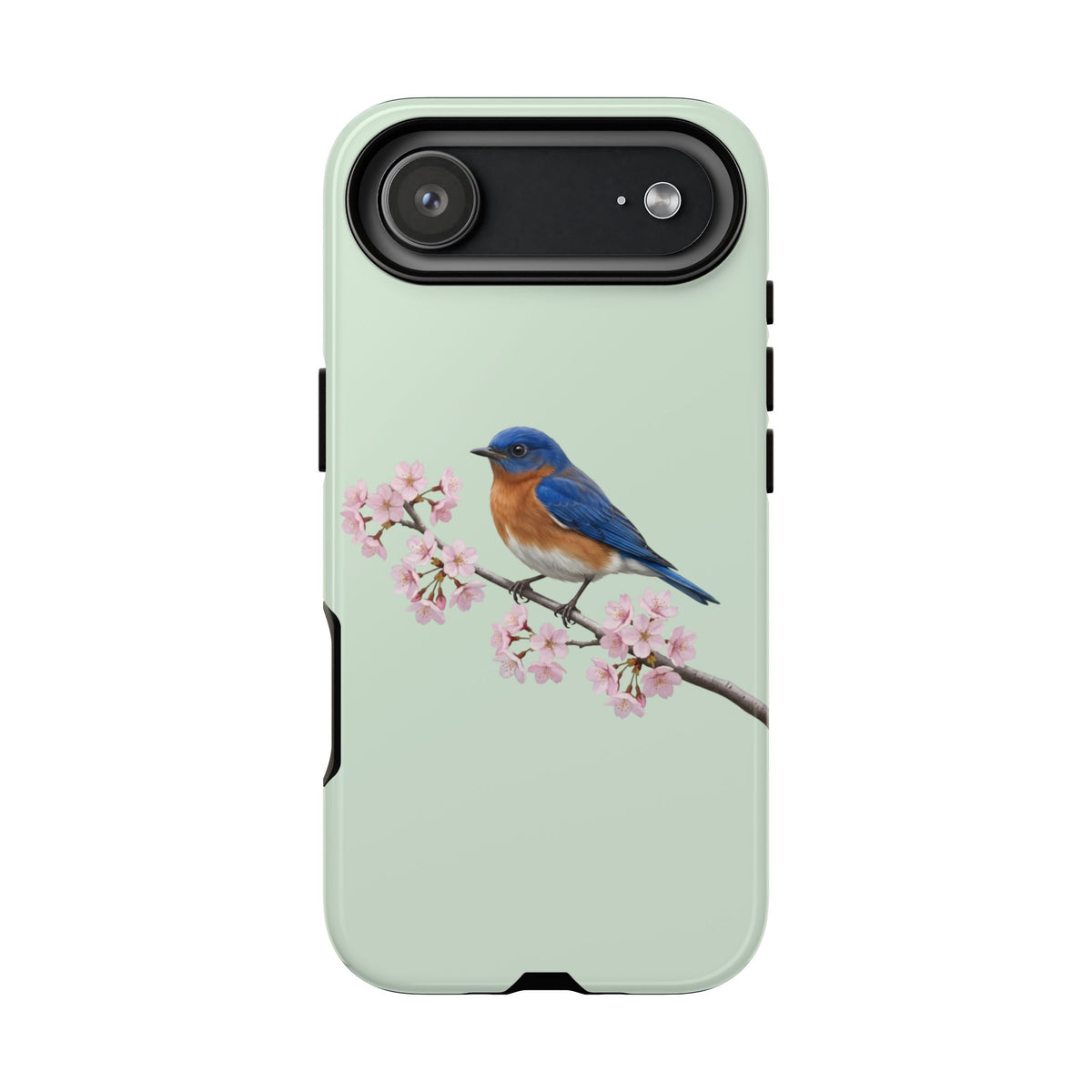 Rotkehl-Hüttensänger Handyhülle in Salbeigrün | Florales Kirschblüten Vogel-Motiv für iPhone & Google Pixel