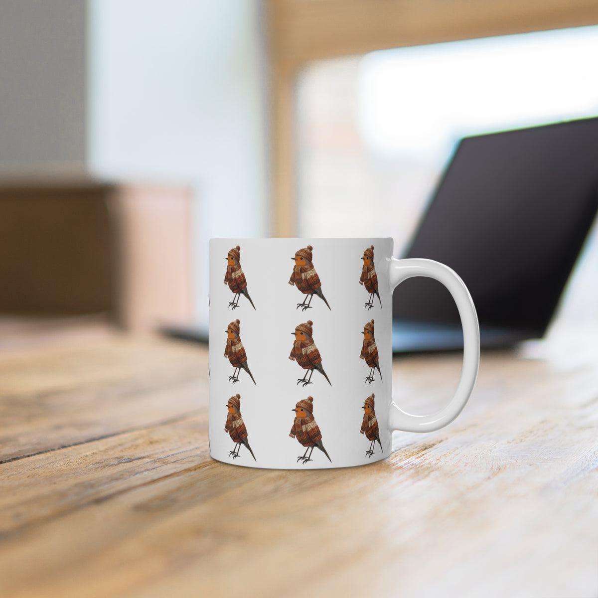 Rotkehlchen mit Strickmütze Weihnachtliche Tasse Vogelmotiv – Ideal für Kakao & Kaffee – 11 oz,
