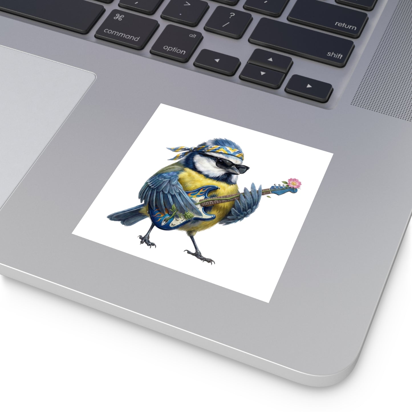 Bert Blaumeise mit seiner Blumen-Gitarre Premium Sticker (Die Gartenvögel) – animal Aufkleber