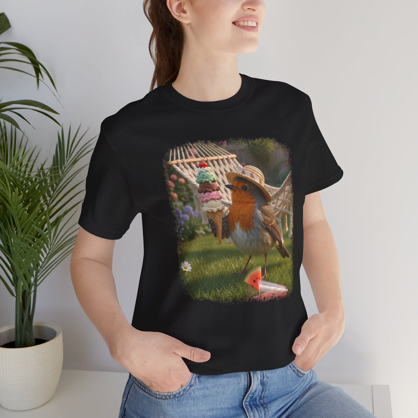 Rosi Rotkehlchen & das Riesen-Eis im Garten T-Shirt | Geschenk für Vogelfreunde