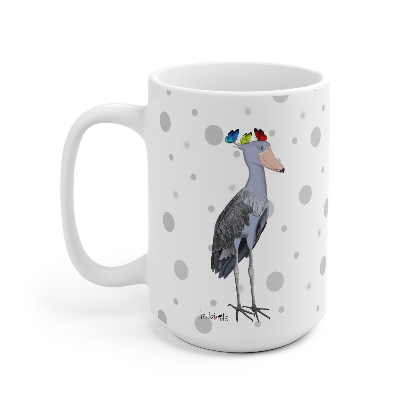 Schuhschnabel mit Schmetterlingen Vogel Tasse Punkte Grau