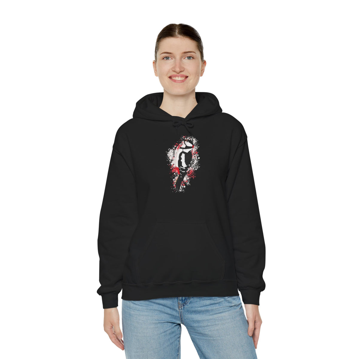 Buntspecht Hoodie – Motiv-Kapuzenpullover im Art-Design mit Sprenkel-Hintergrund