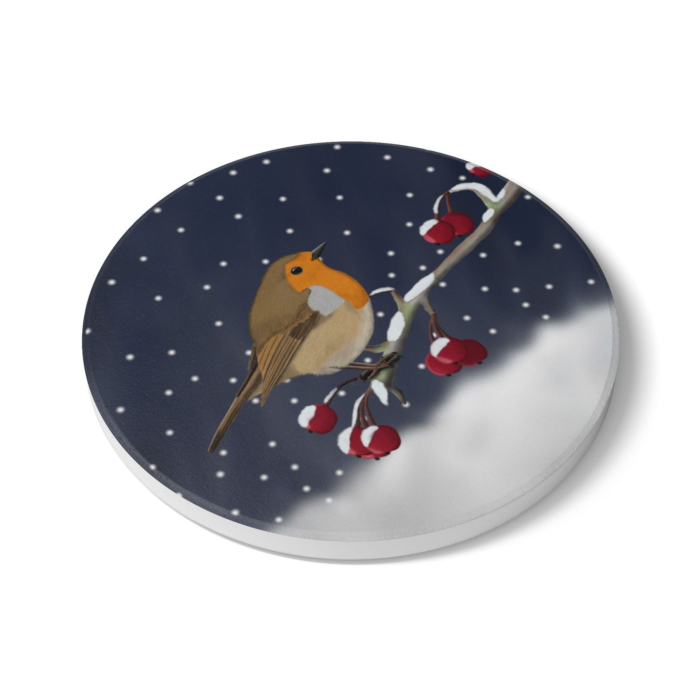 Rotkehlchen im Schnee Keramik-Untersetzer: Weihnachtliches Vogel-Motiv