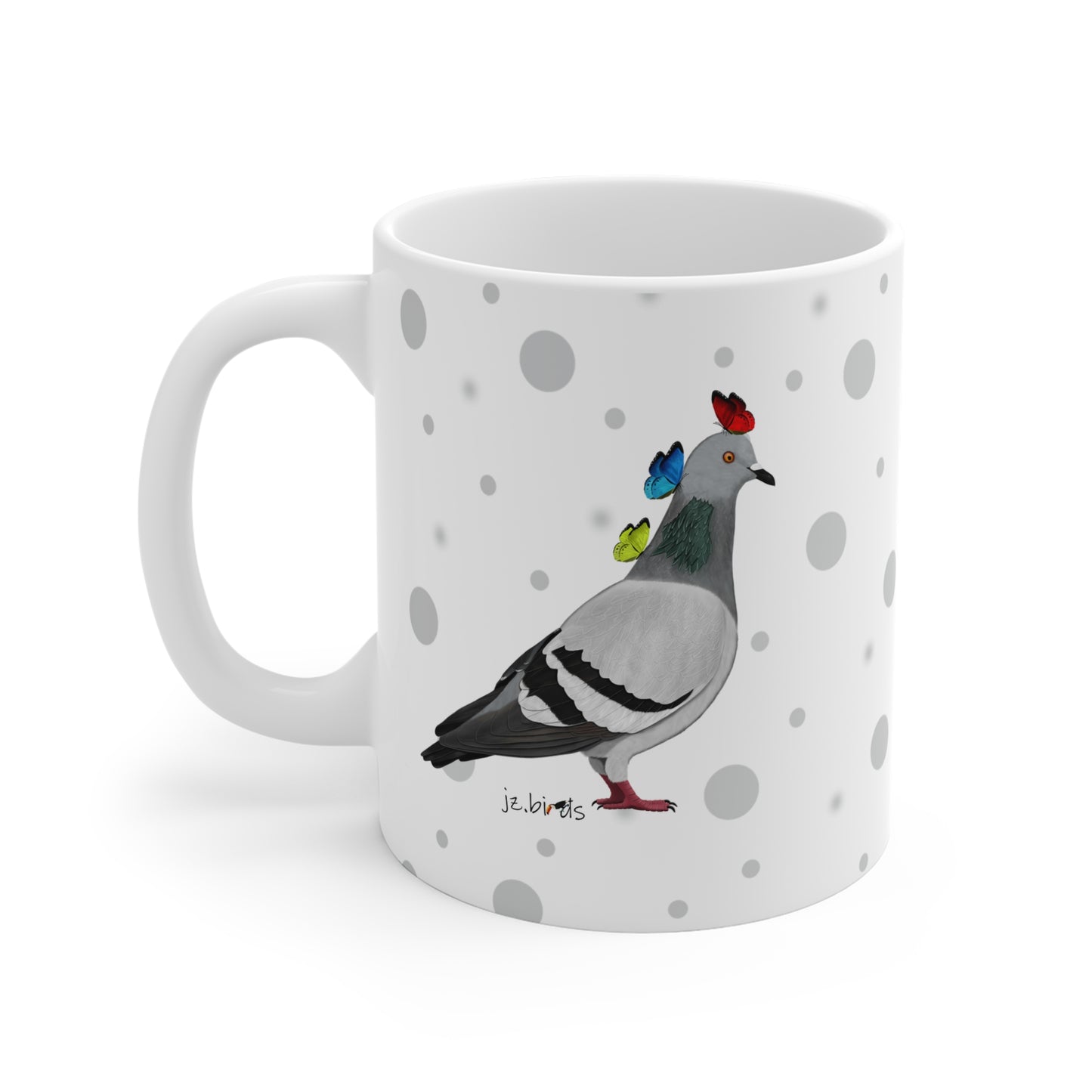 Taube mit Schmetterlingen Vogel Tasse Punkte Grau