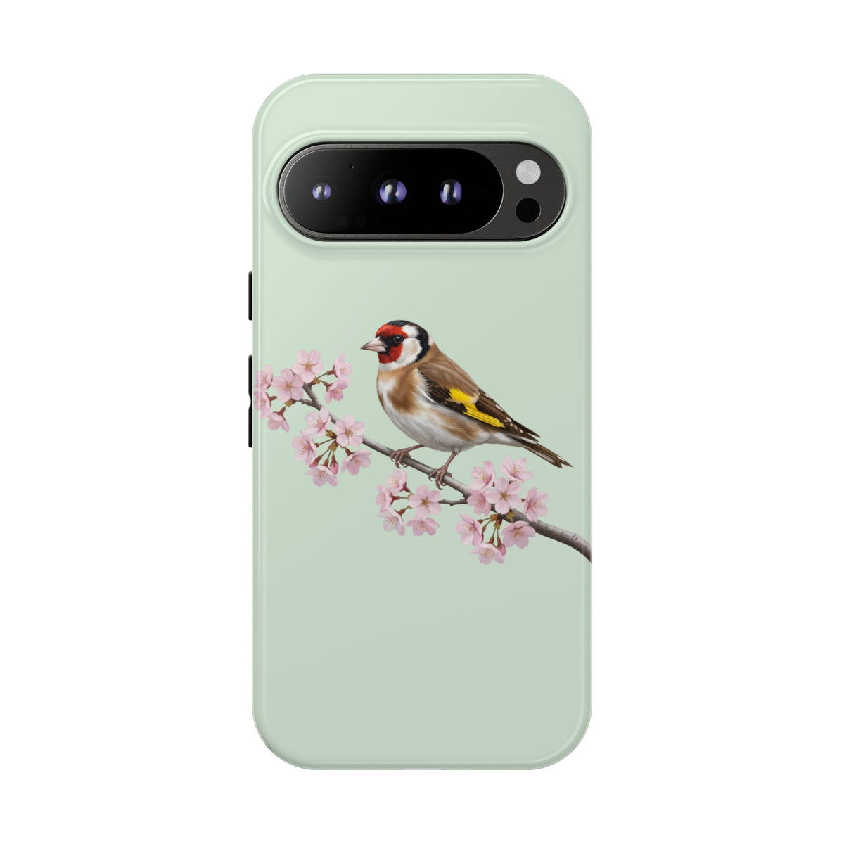 Stieglitz Handyhülle in Salbeigrün | Florales Kirschblüten Vogel-Motiv für iPhone & Google Pixel