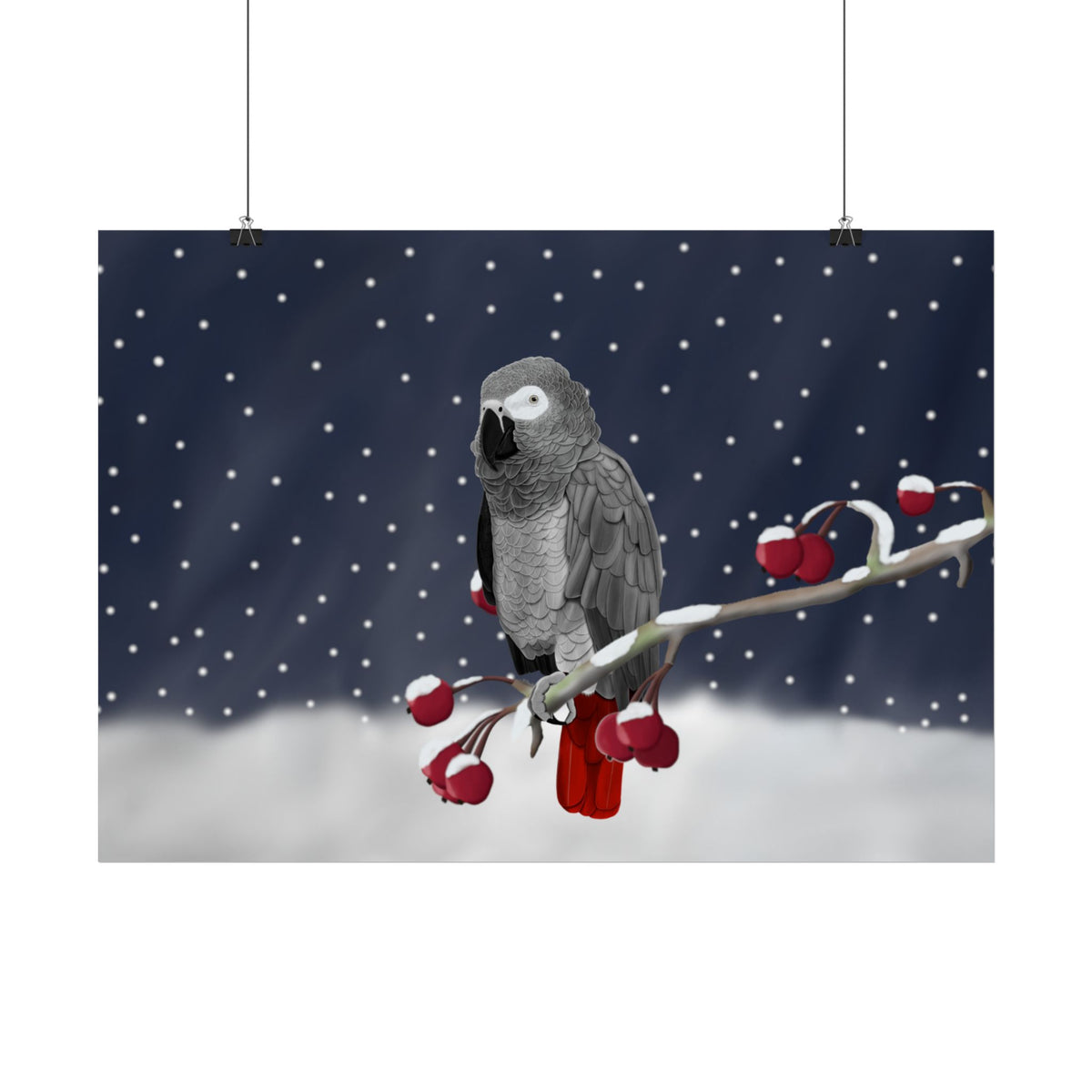 Graupapagei auf einem Ast im Schnee Vogel Poster – Glossy,