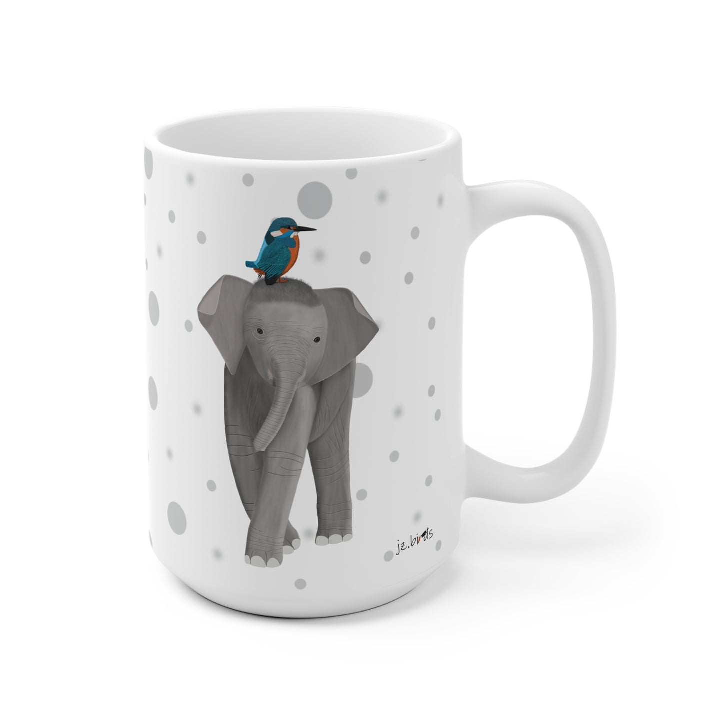 Eisvogel auf einem Elefanten Vogel Tasse Punkte Grau